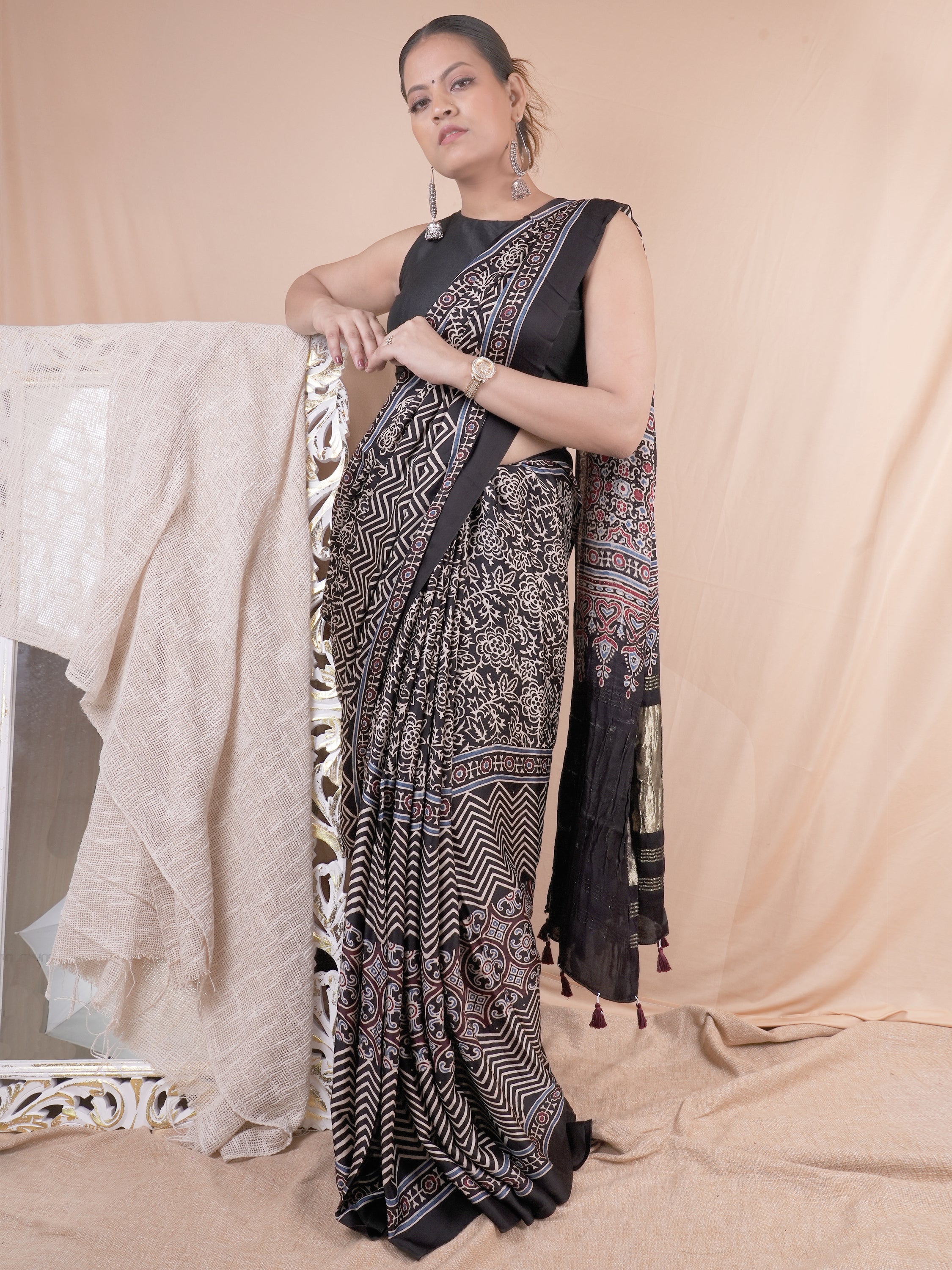 Model Silk Saree Hand Block Ajrakh Print Orgaining Dye