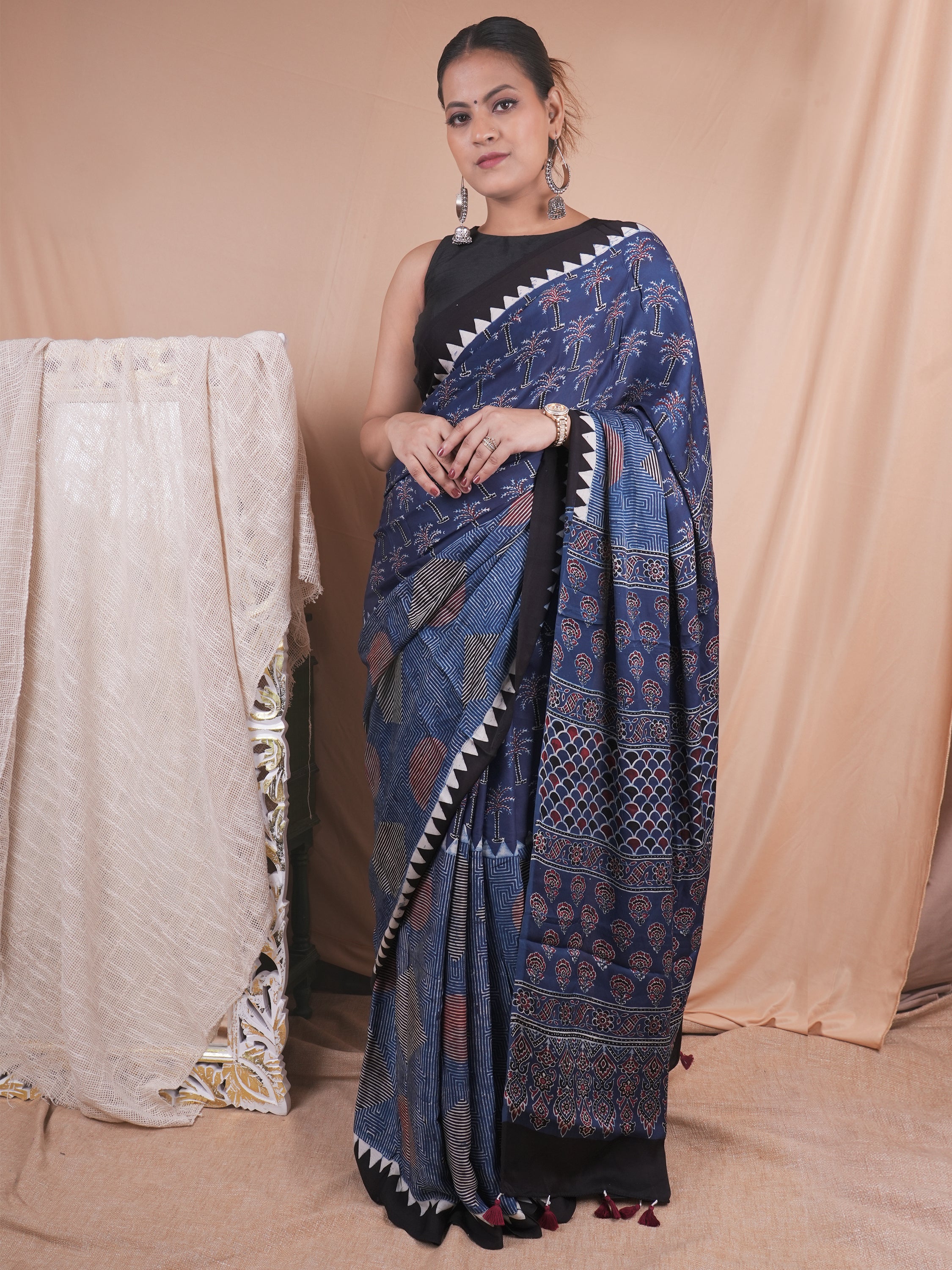 Model Silk Saree Hand Block Ajrakh Print Orgaining Dye