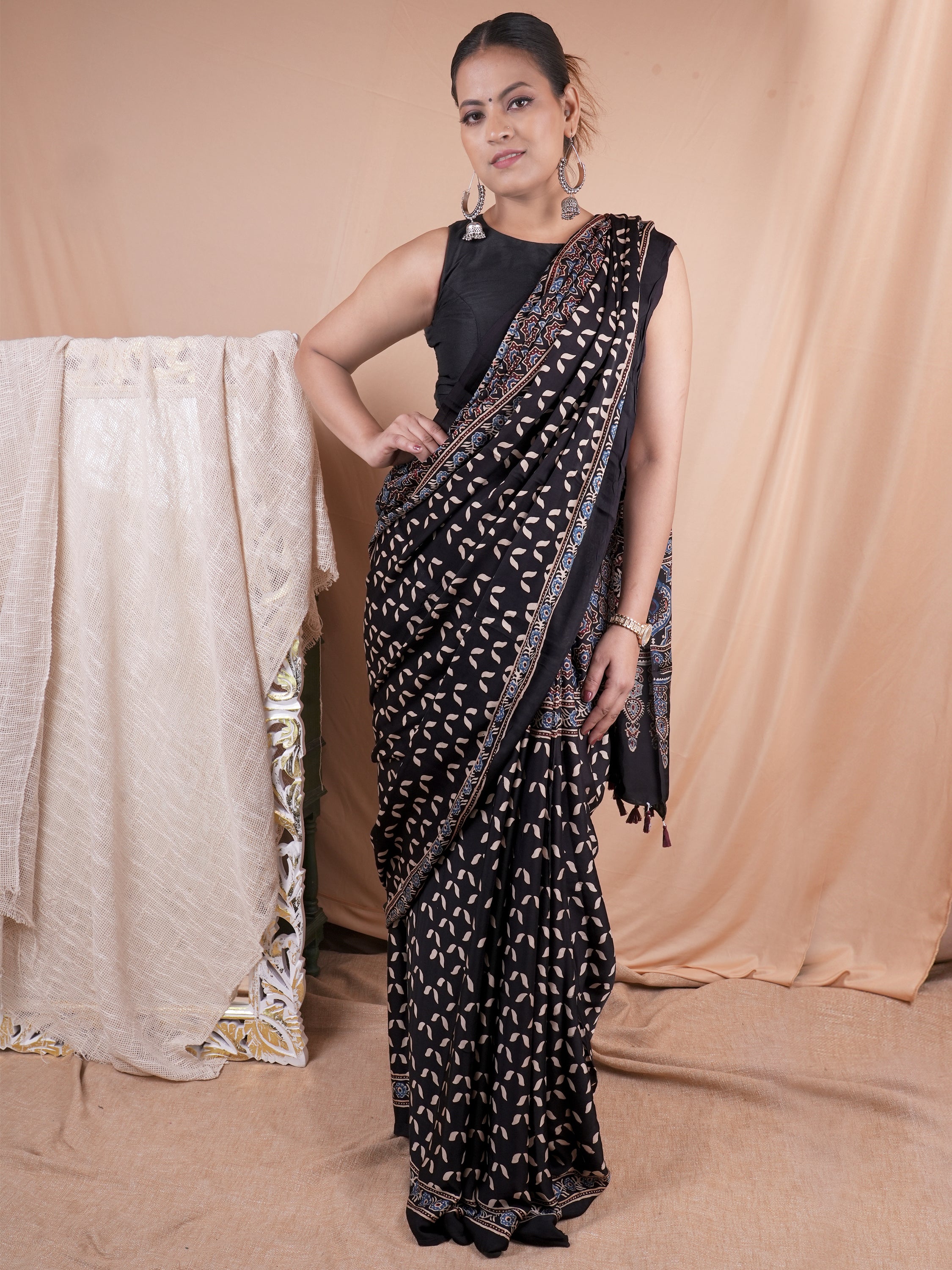 Model Silk Saree Hand Block Ajrakh Print Orgaining Dye