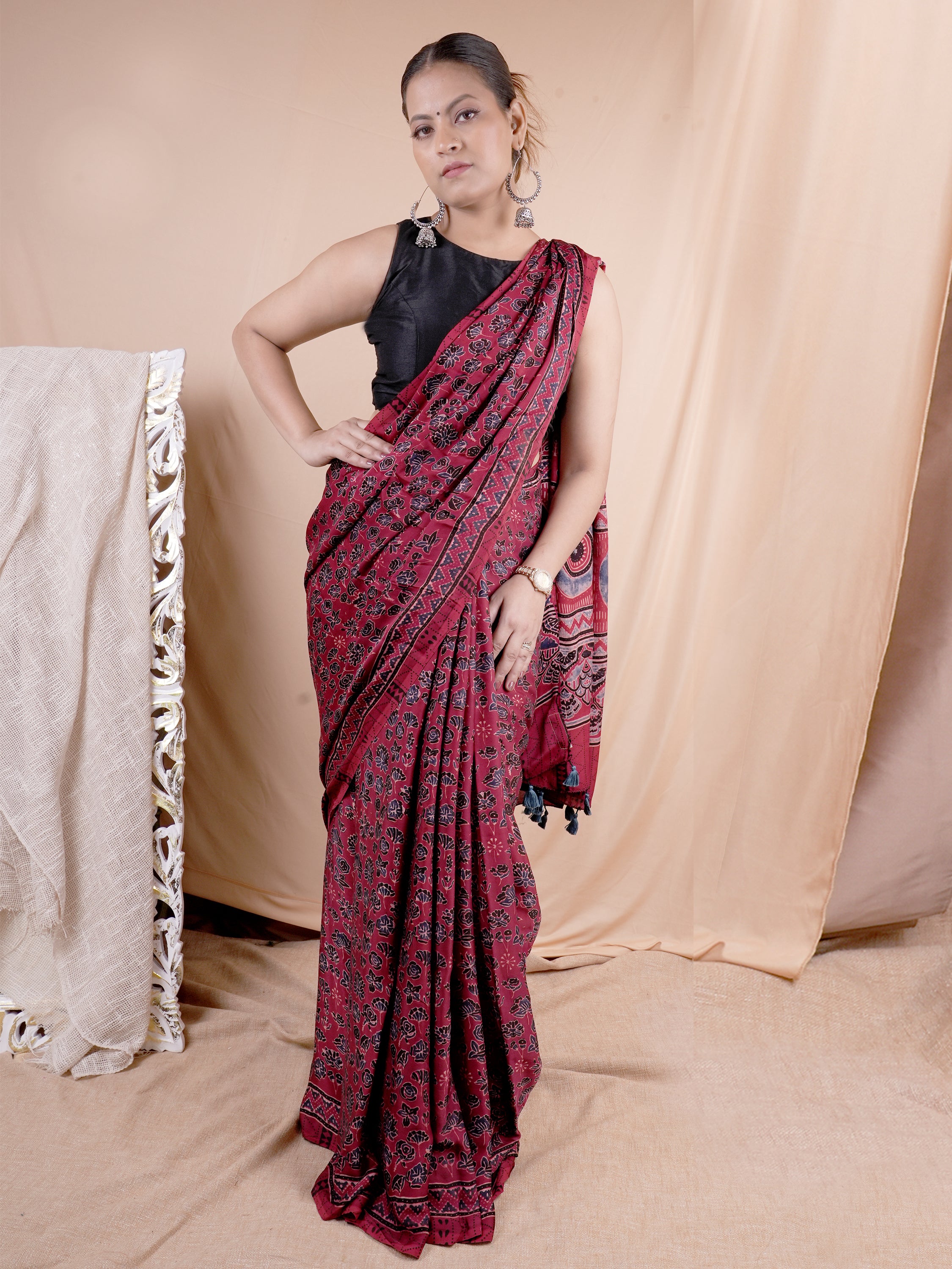 Model Silk Saree Hand Block Ajrakh Print Orgaining Dye