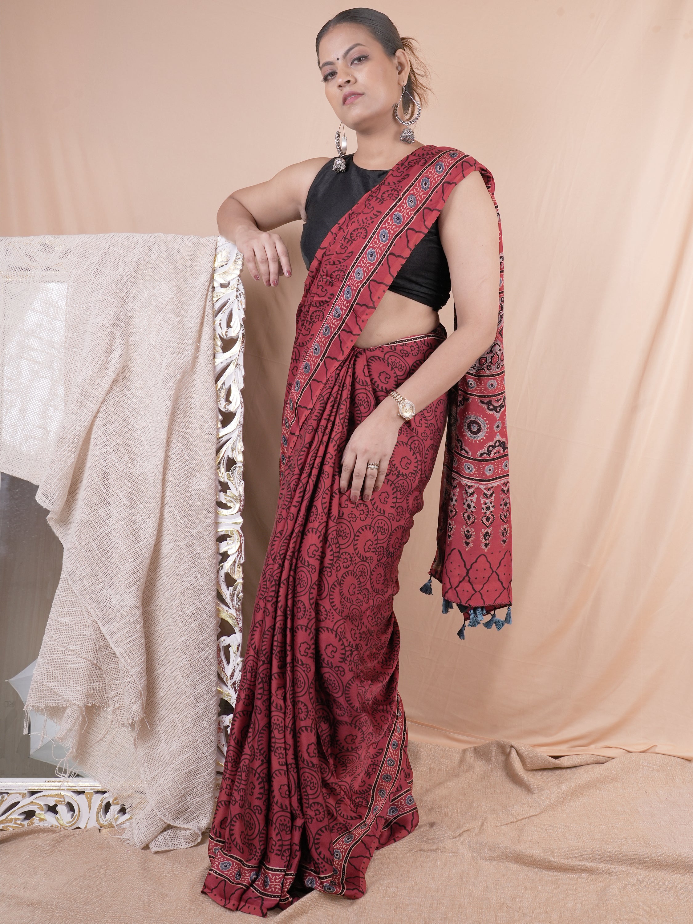 Model Silk Saree Hand Block Ajrakh Print Orgaining Dye