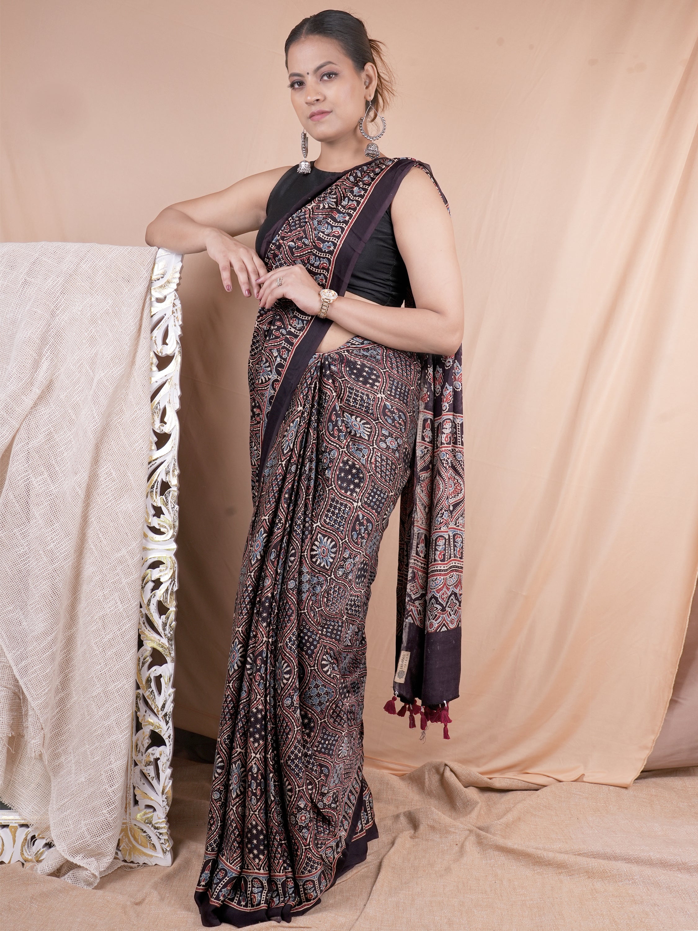 Model Silk Saree Hand Block Ajrakh Print Orgaining Dye