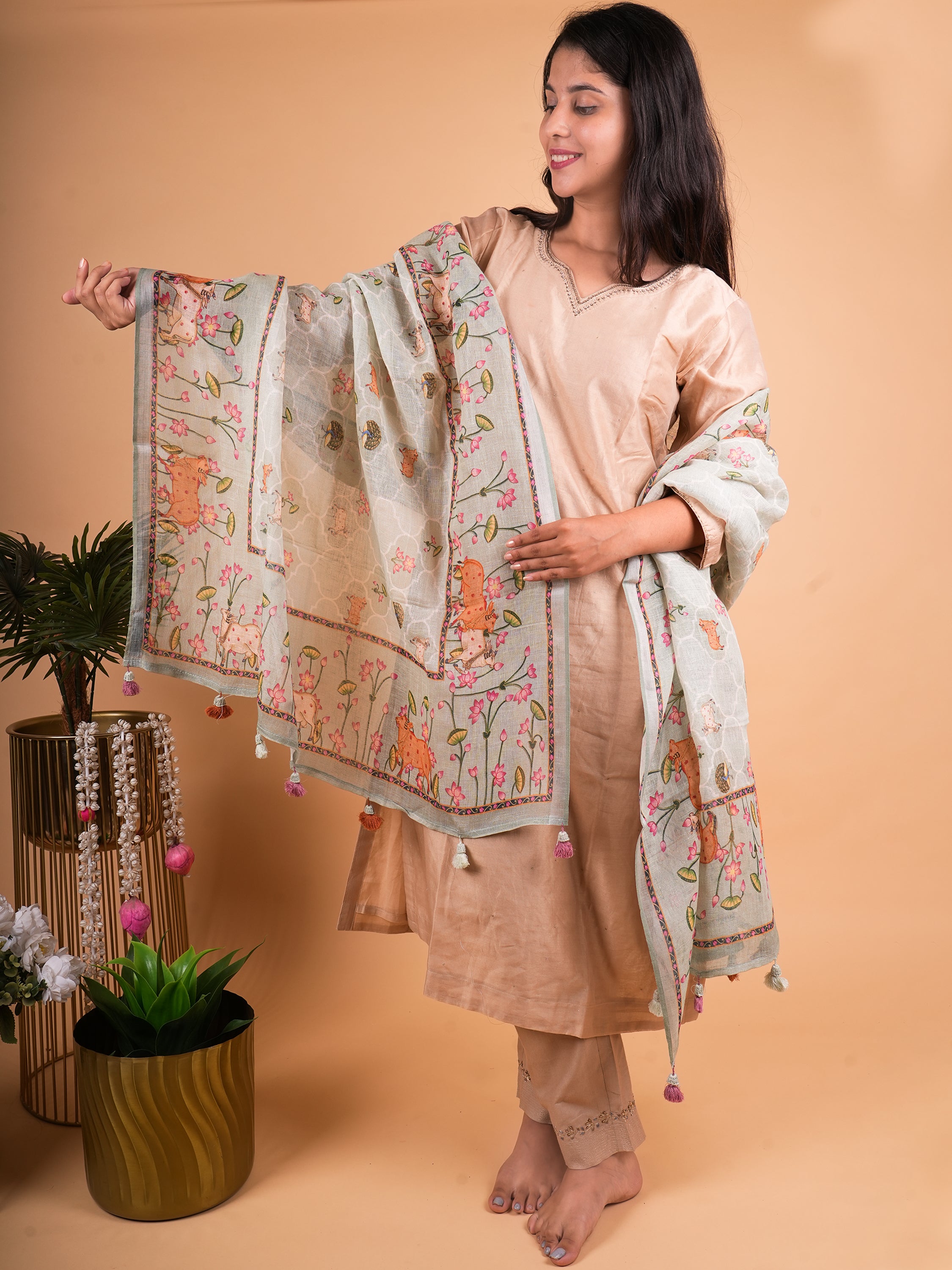 Pure Linen Pichwai Dupatta