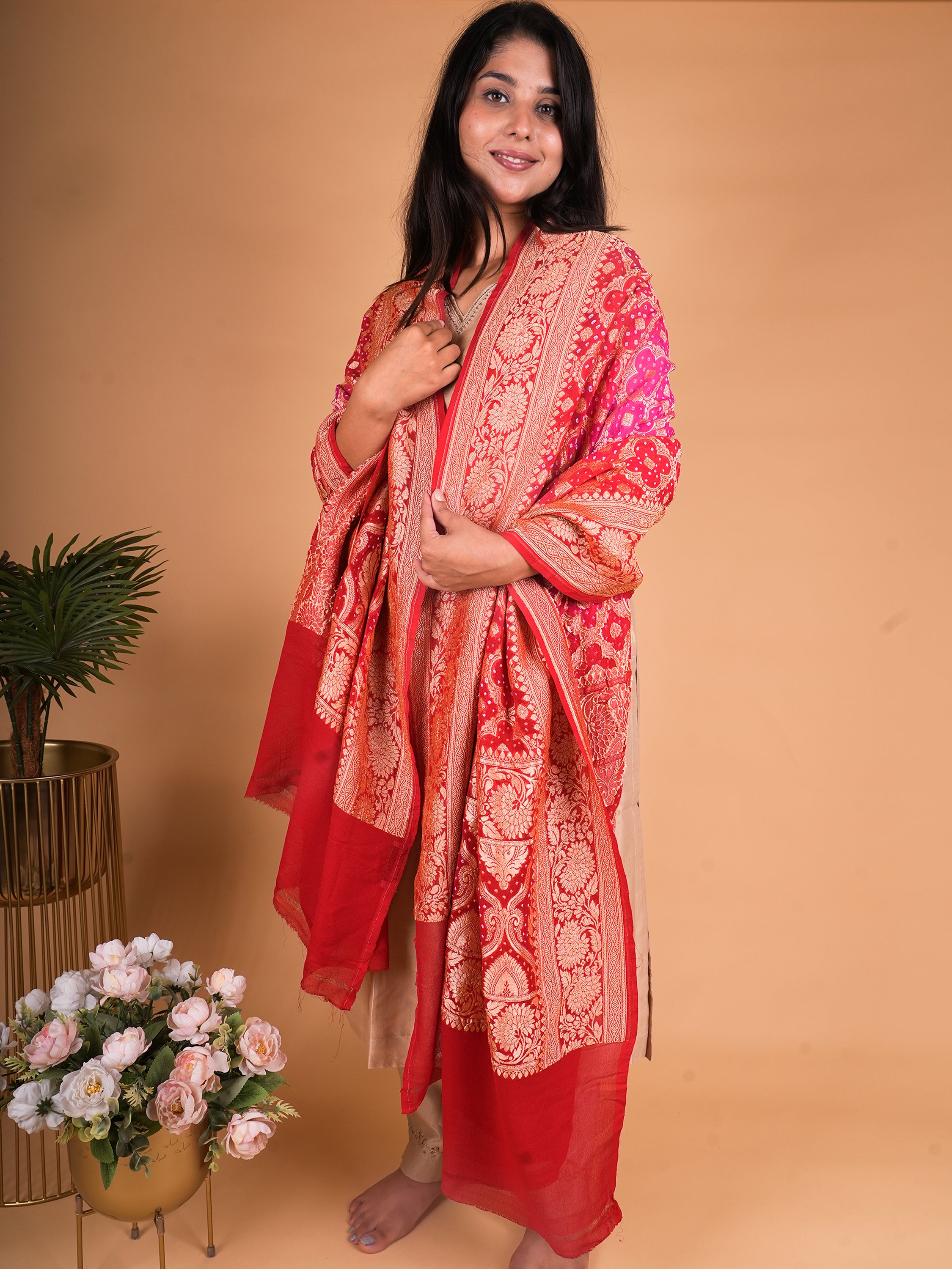 Pure Khaddi Georgette Neemzari Bandhani Dupatta