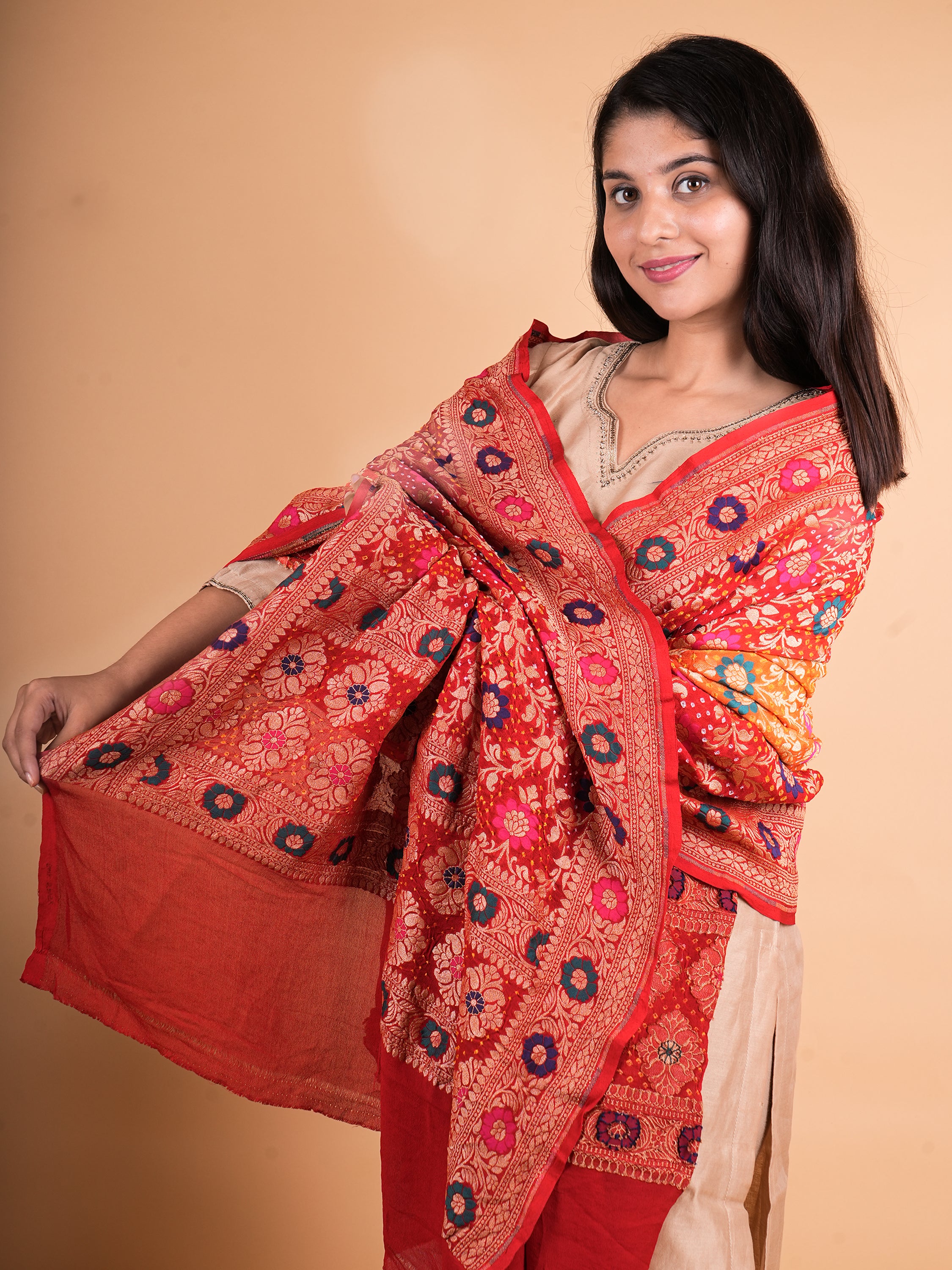 Pure Khaddi Georgette Neemzari Meenakari Rai Bandhani Dupatta
