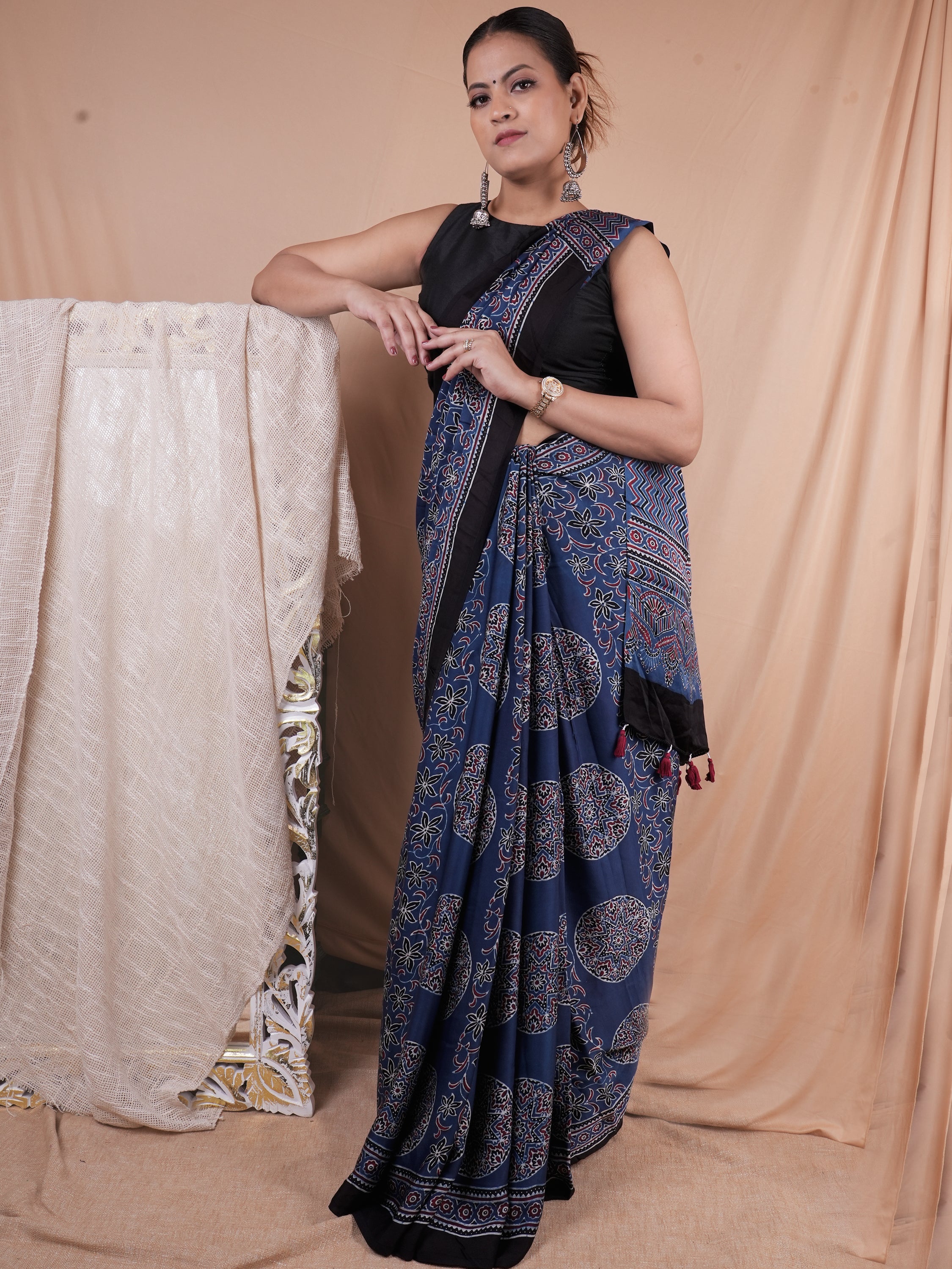 Model Silk Saree Hand Block Ajrakh Print Orgaining Dye
