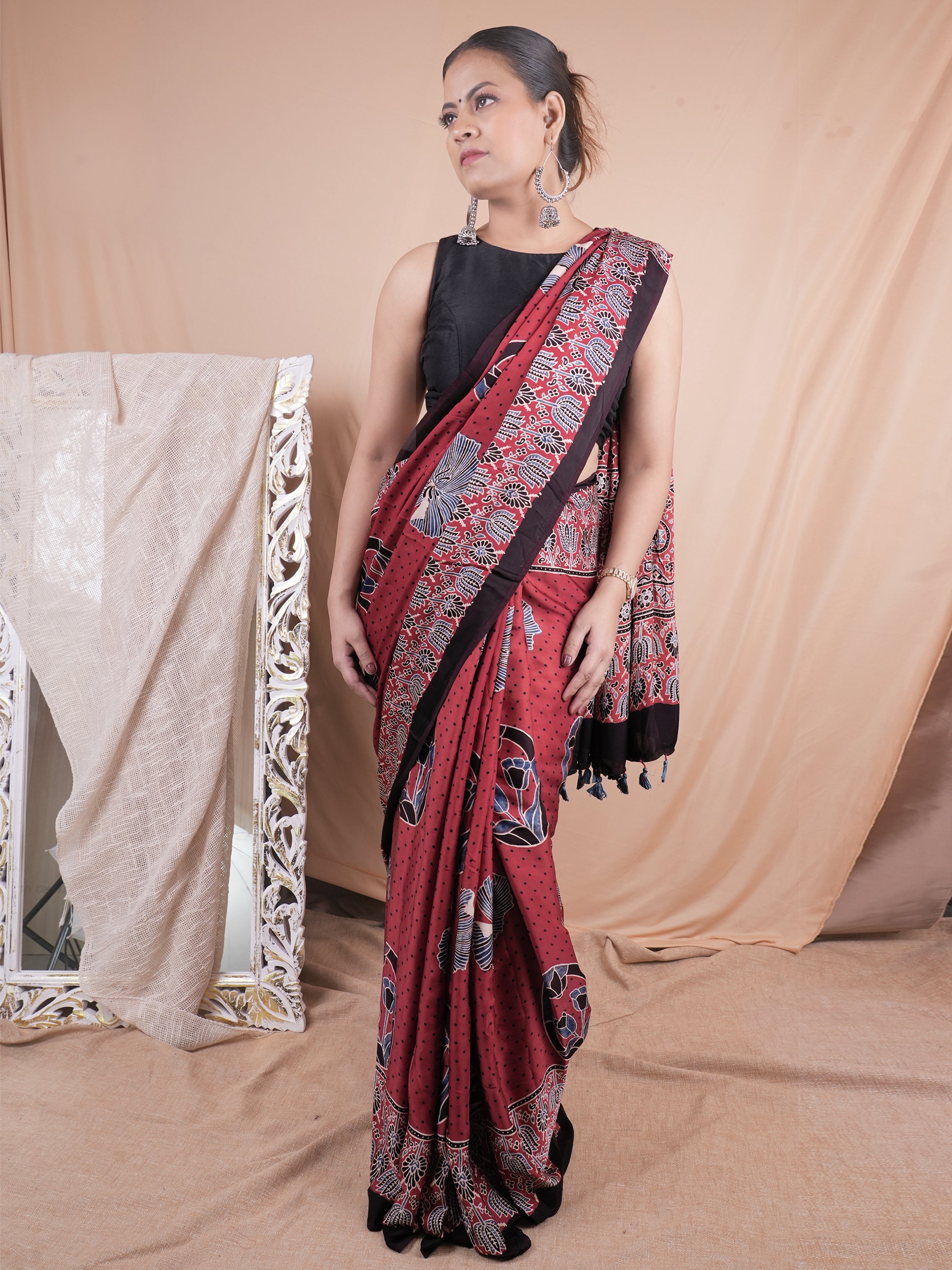 Model Silk Saree Hand Block Ajrakh Print Orgaining Dye