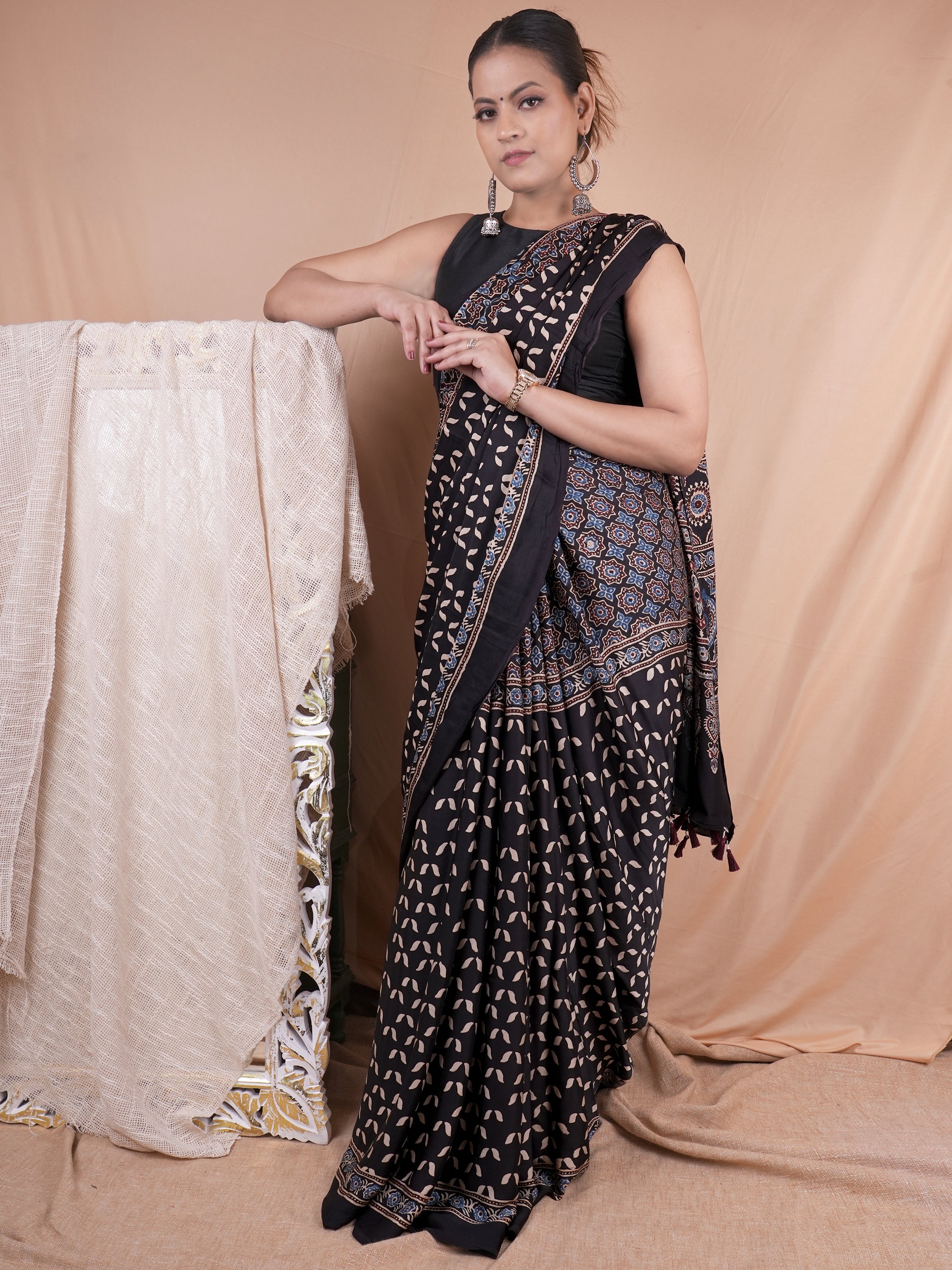 Model Silk Saree Hand Block Ajrakh Print Orgaining Dye