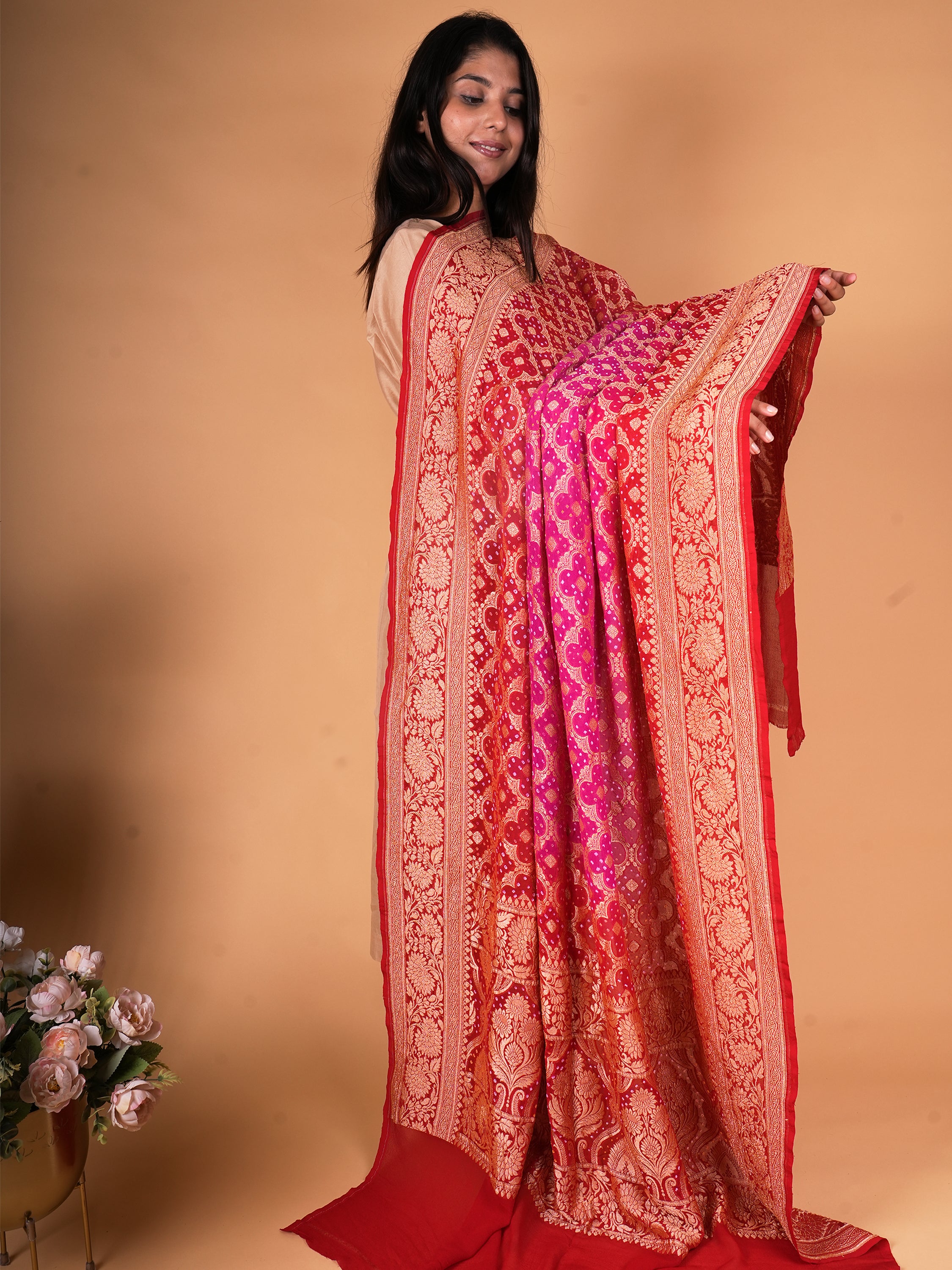 Pure Khaddi Georgette Neemzari Bandhani Dupatta