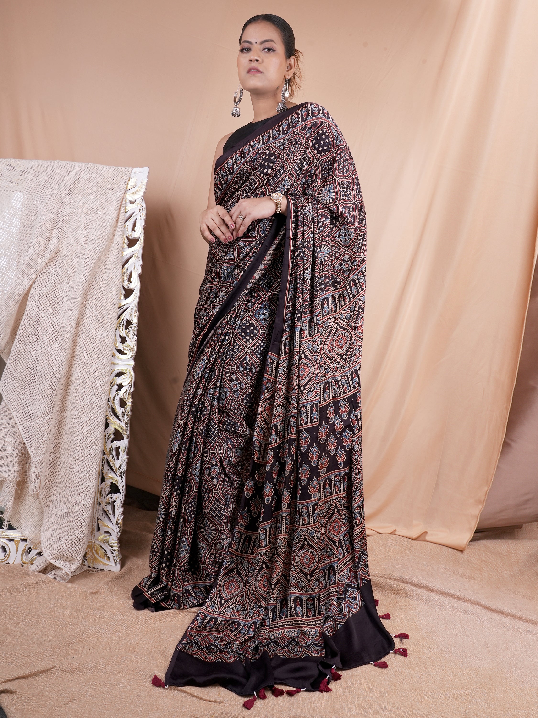 Model Silk Saree Hand Block Ajrakh Print Orgaining Dye