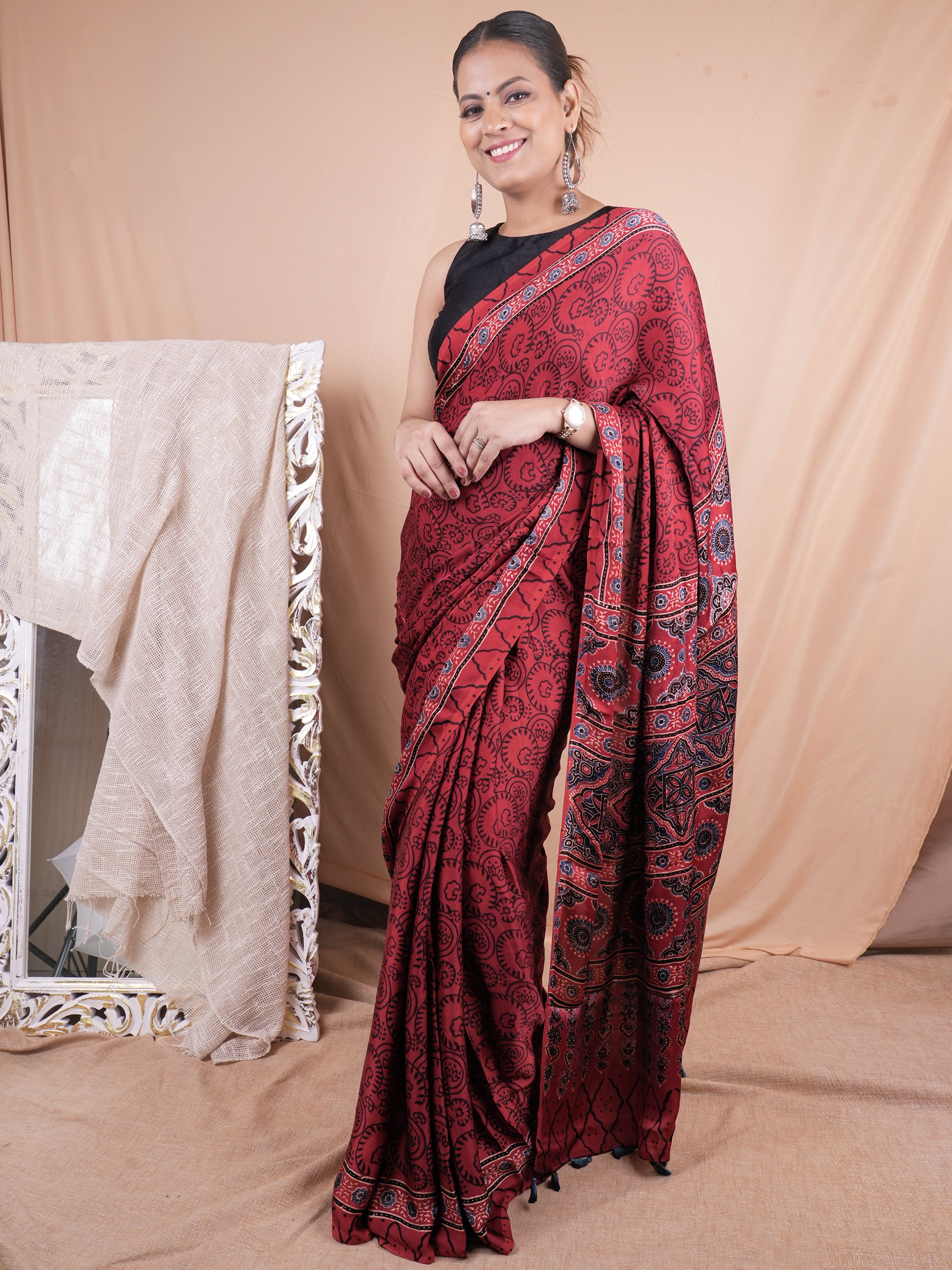 Model Silk Saree Hand Block Ajrakh Print Orgaining Dye