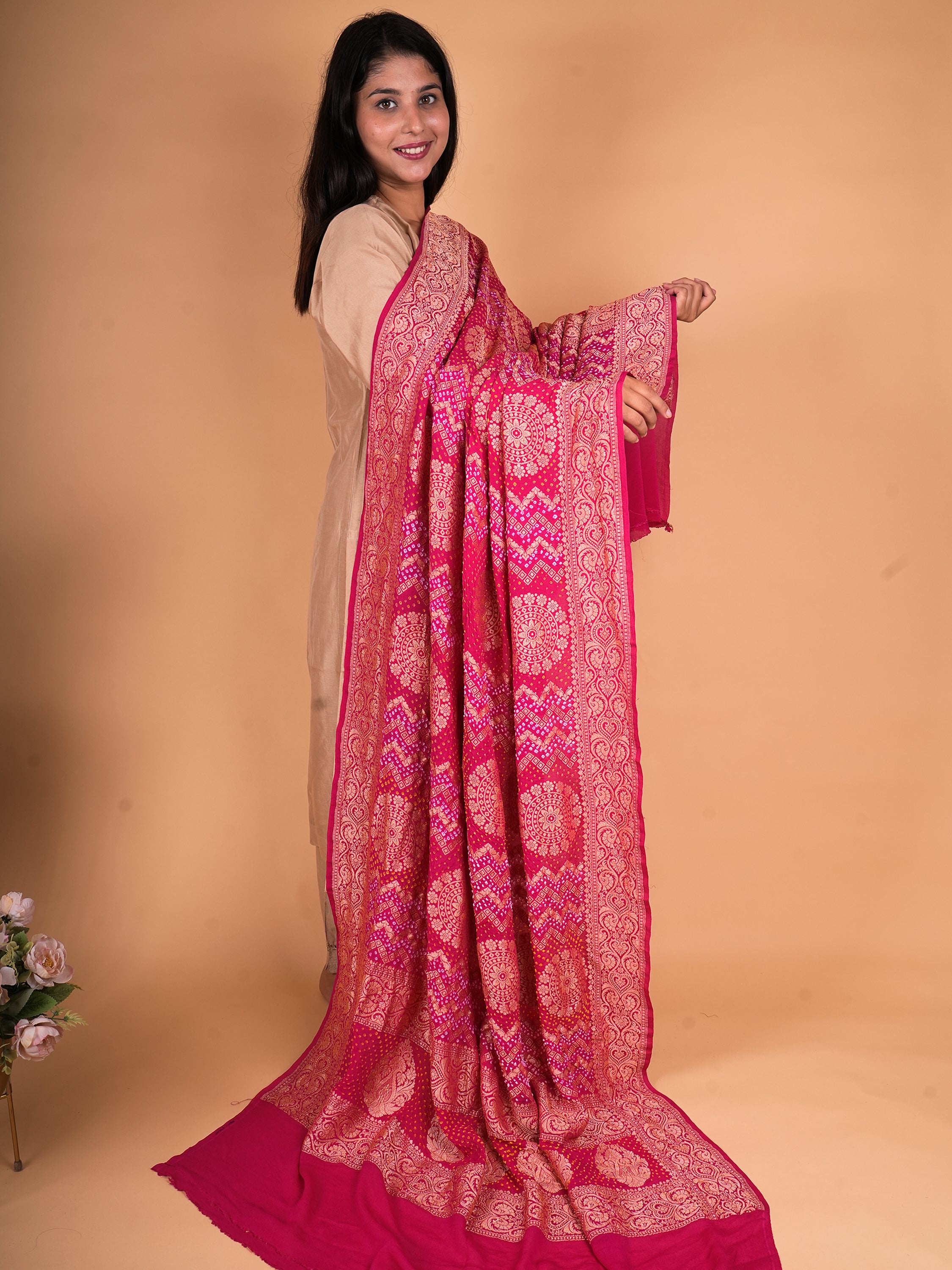 Pure Khaddi Georgette Neemzari Rai Bandhani Dupatta