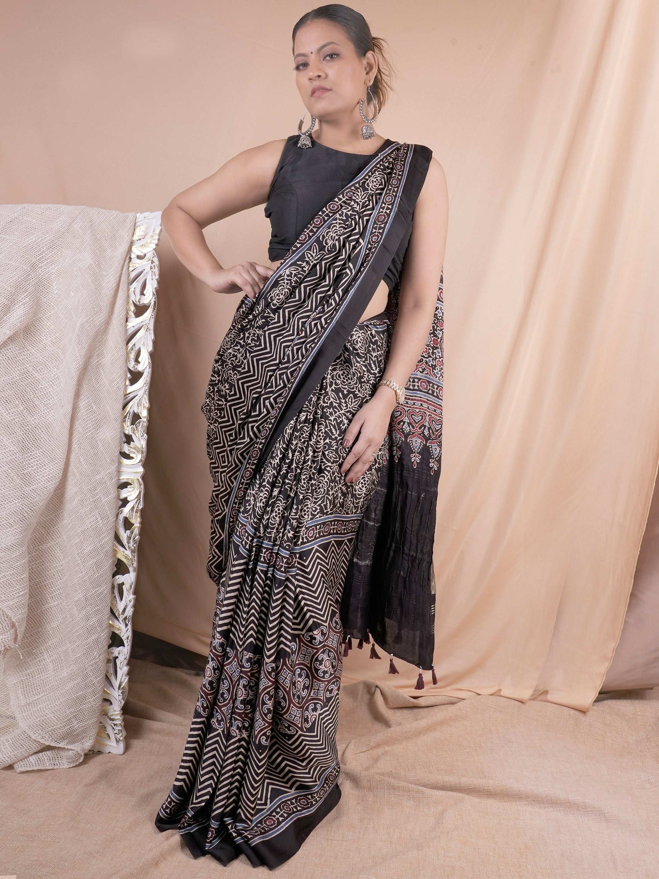 Model Silk Saree Hand Block Ajrakh Print Orgaining Dye