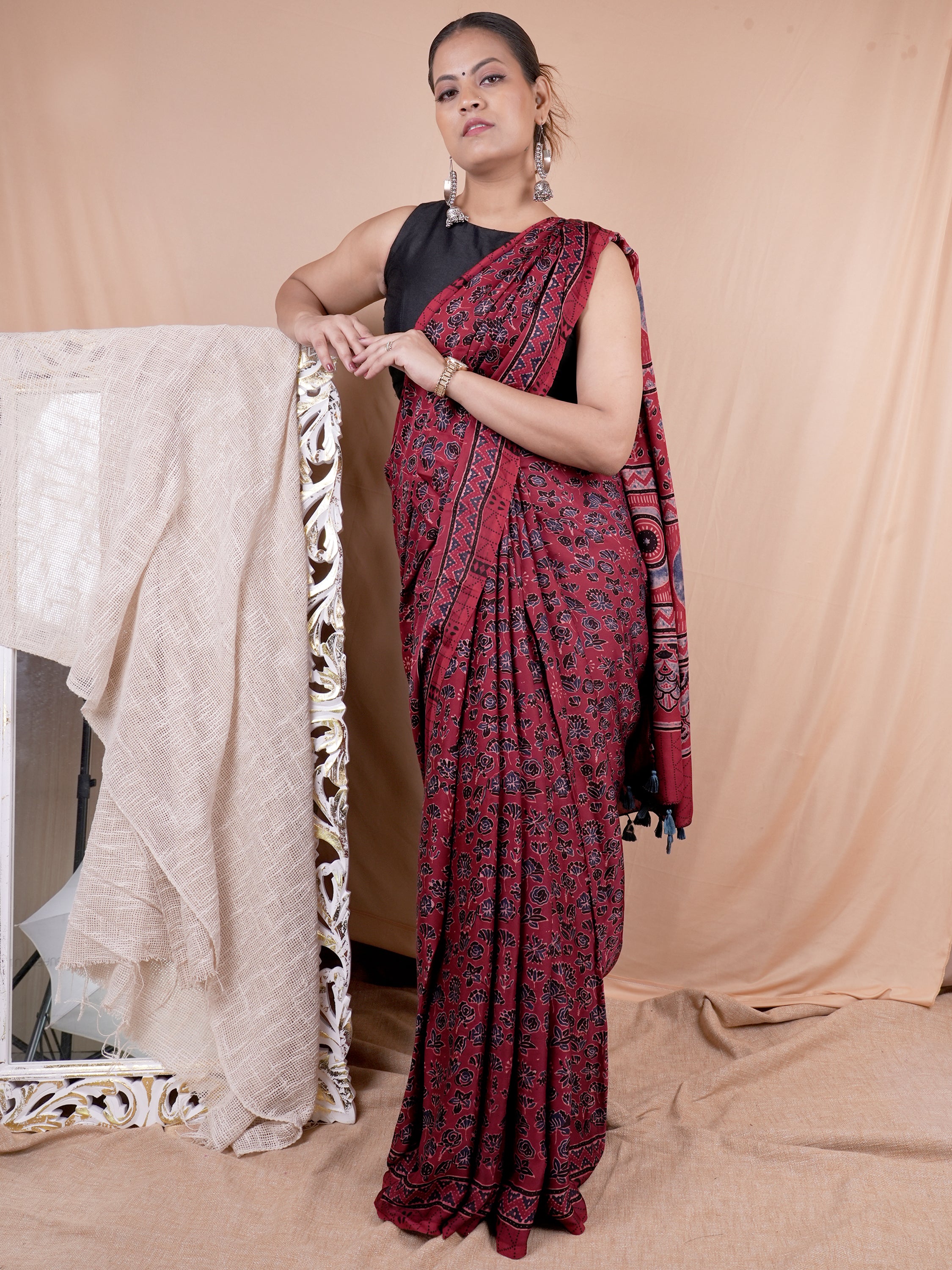 Model Silk Saree Hand Block Ajrakh Print Orgaining Dye