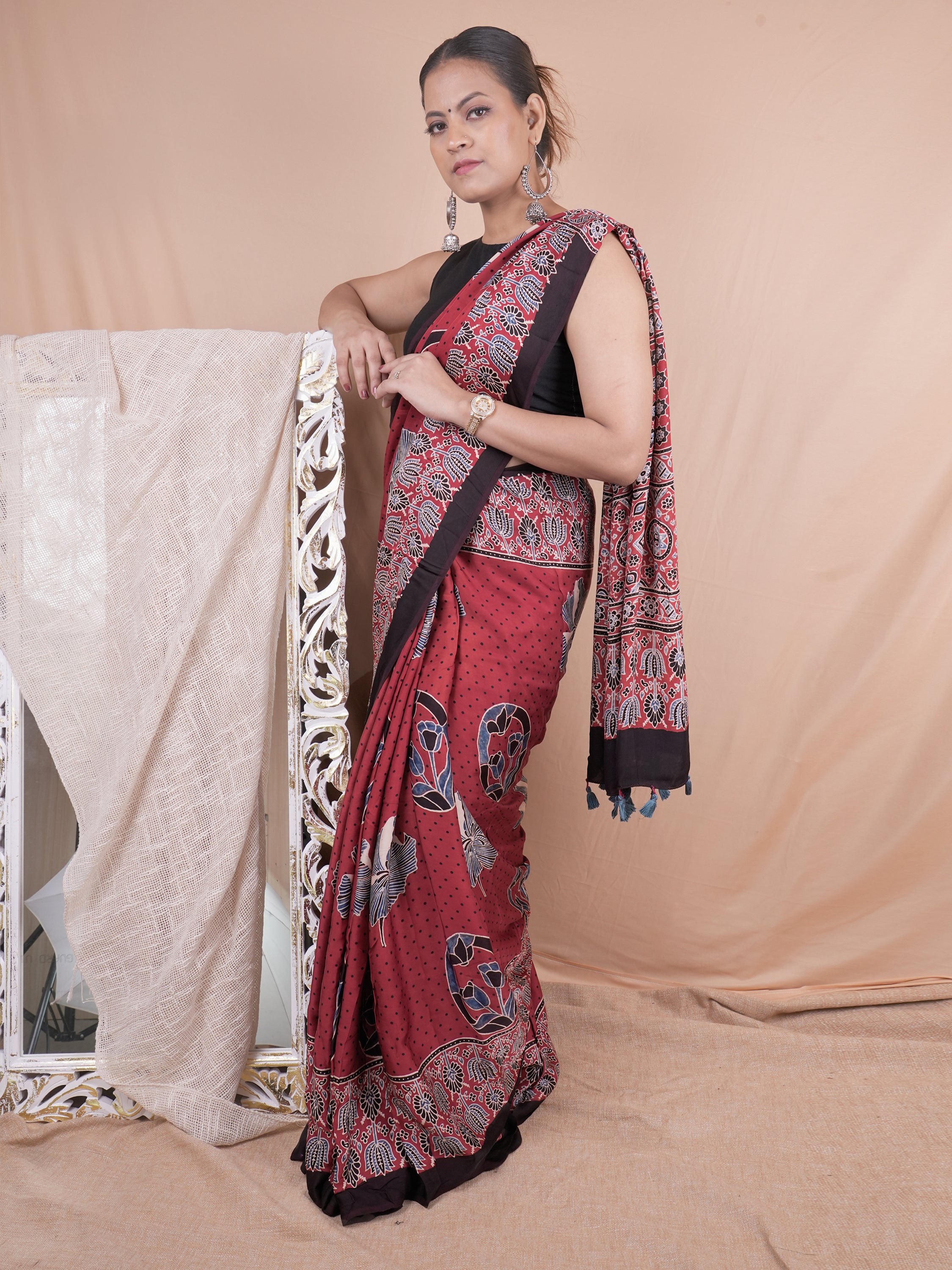 Model Silk Saree Hand Block Ajrakh Print Orgaining Dye