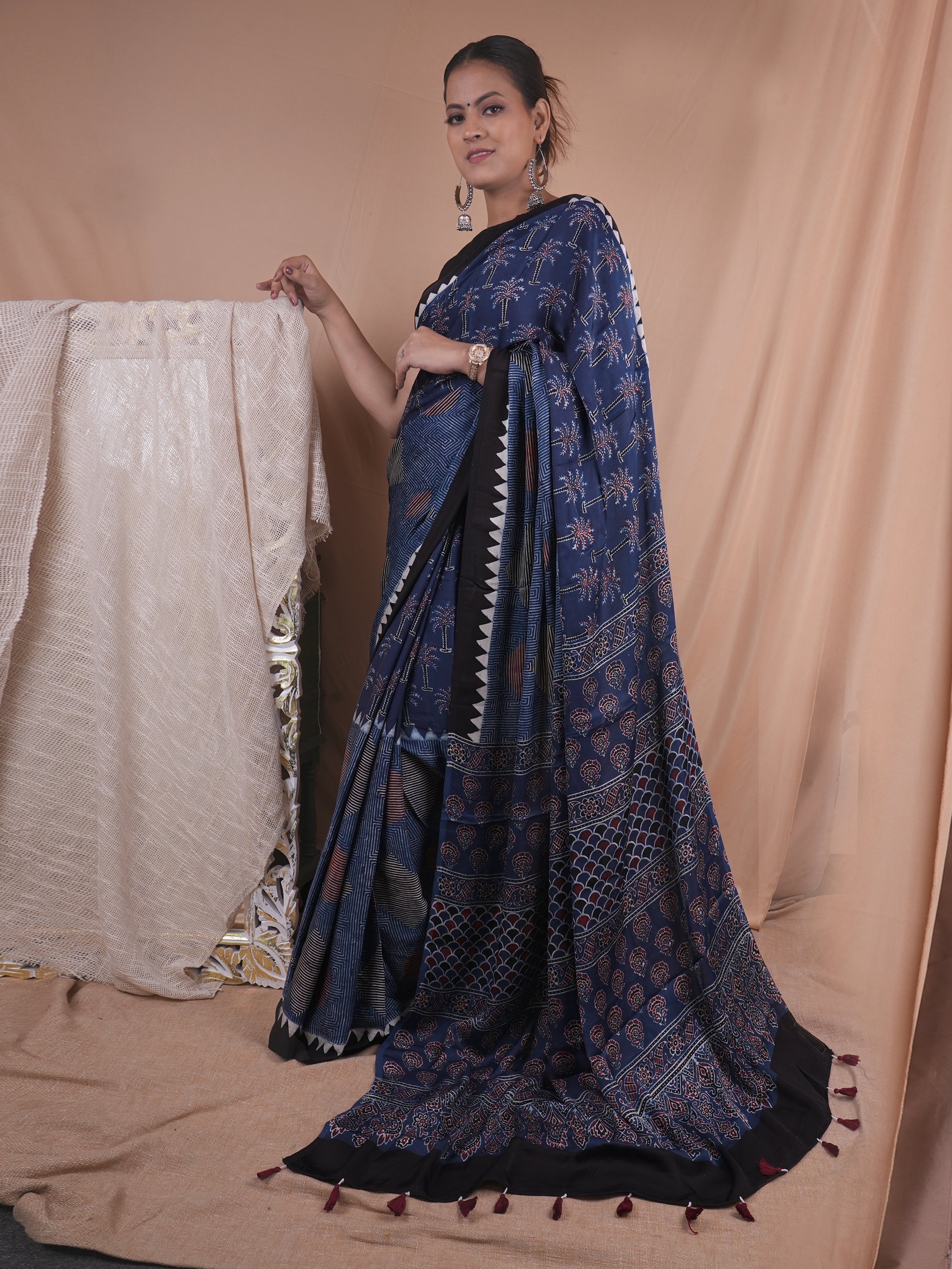 Model Silk Saree Hand Block Ajrakh Print Orgaining Dye