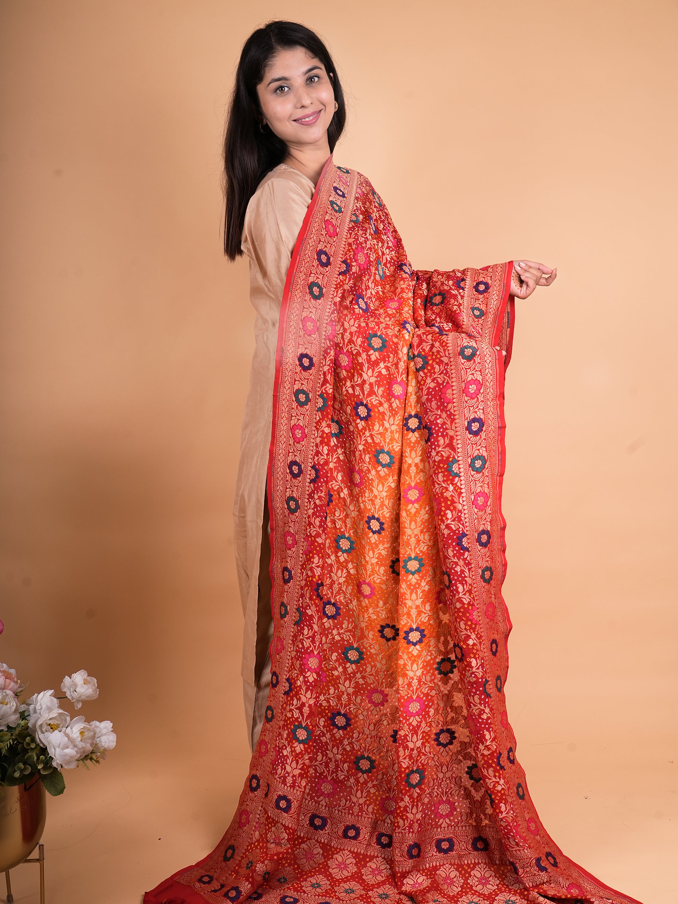 Pure Khaddi Georgette Neemzari Meenakari Rai Bandhani Dupatta