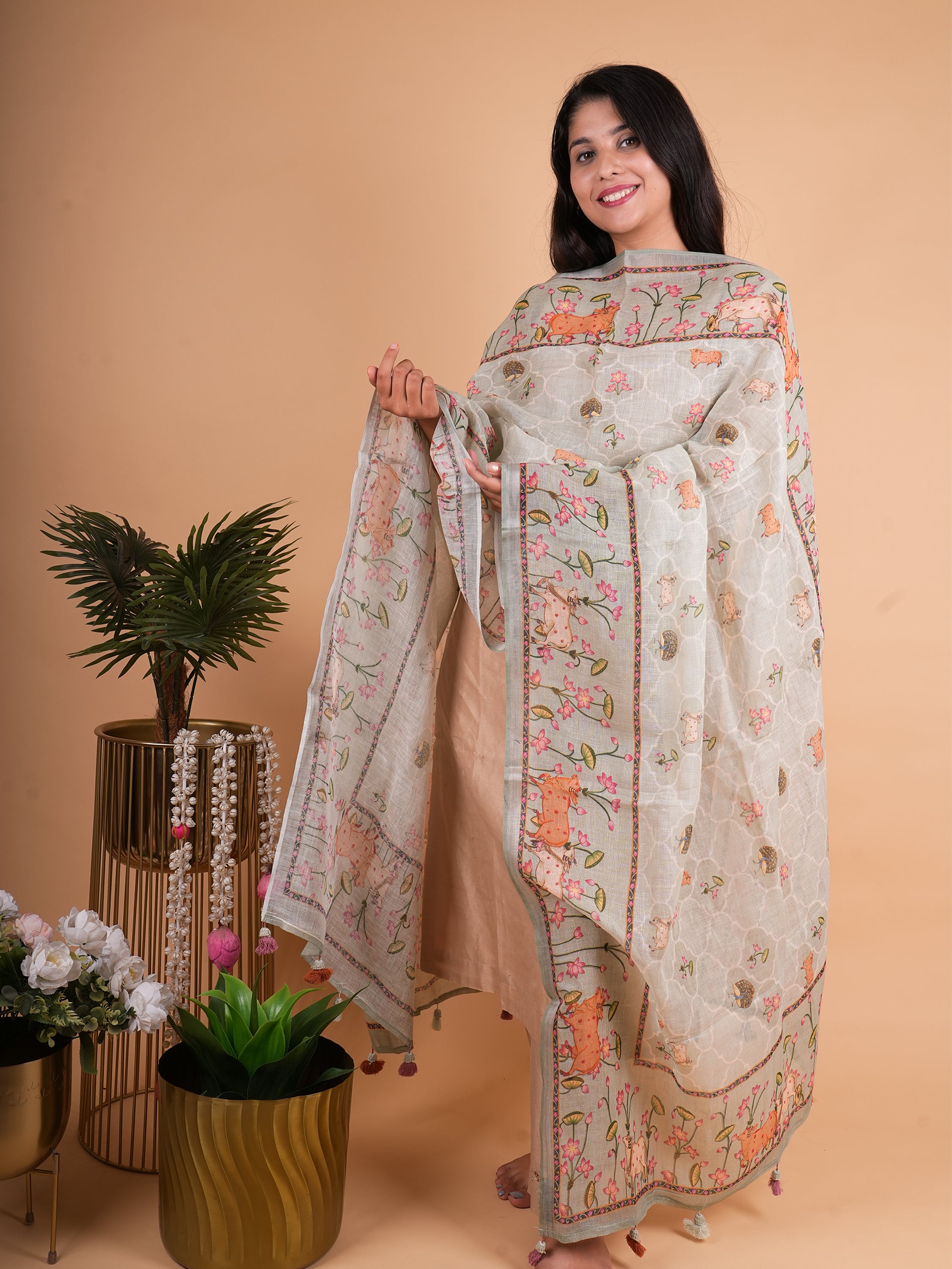 Pure Linen Pichwai Dupatta