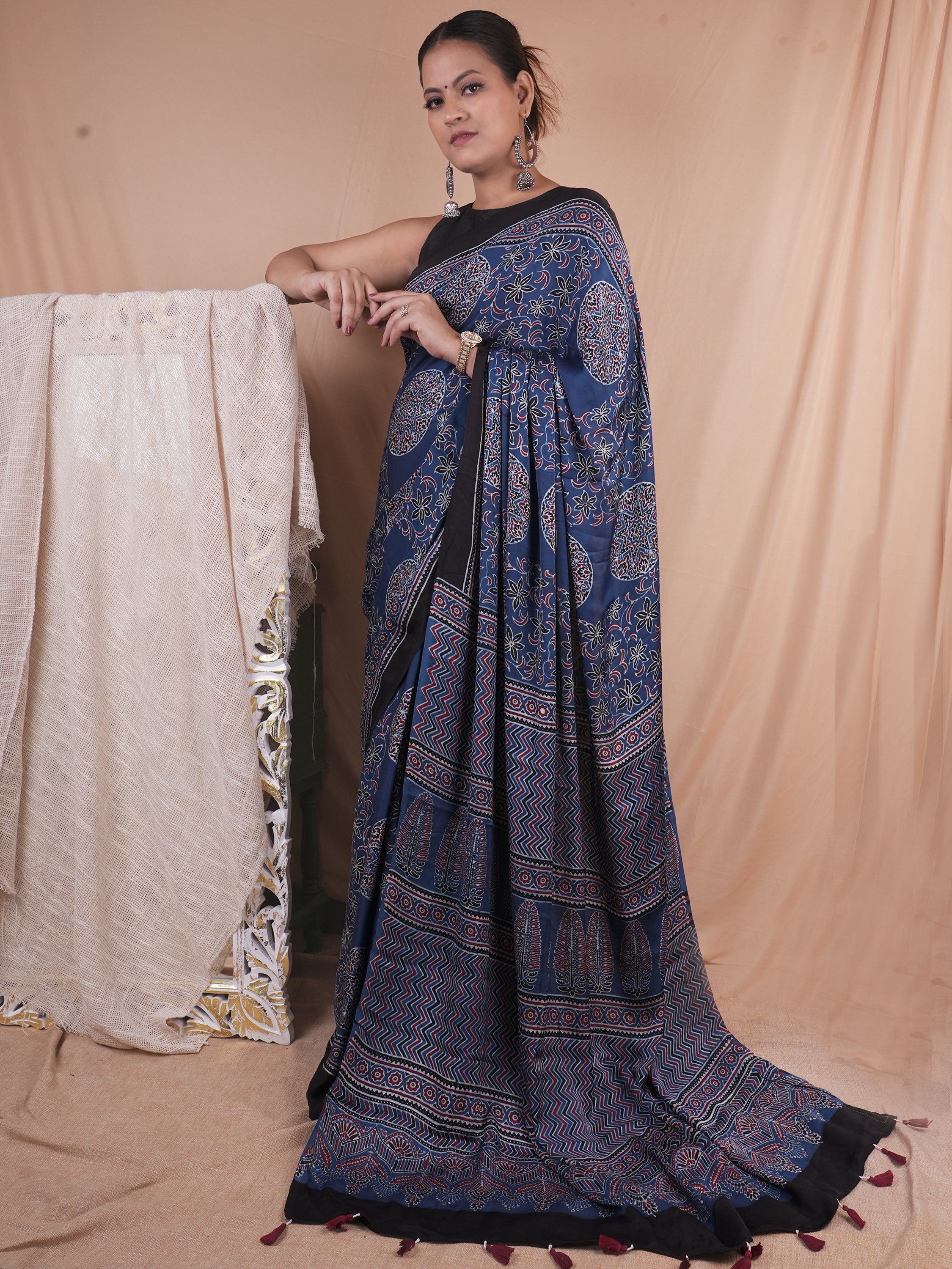 Model Silk Saree Hand Block Ajrakh Print Orgaining Dye