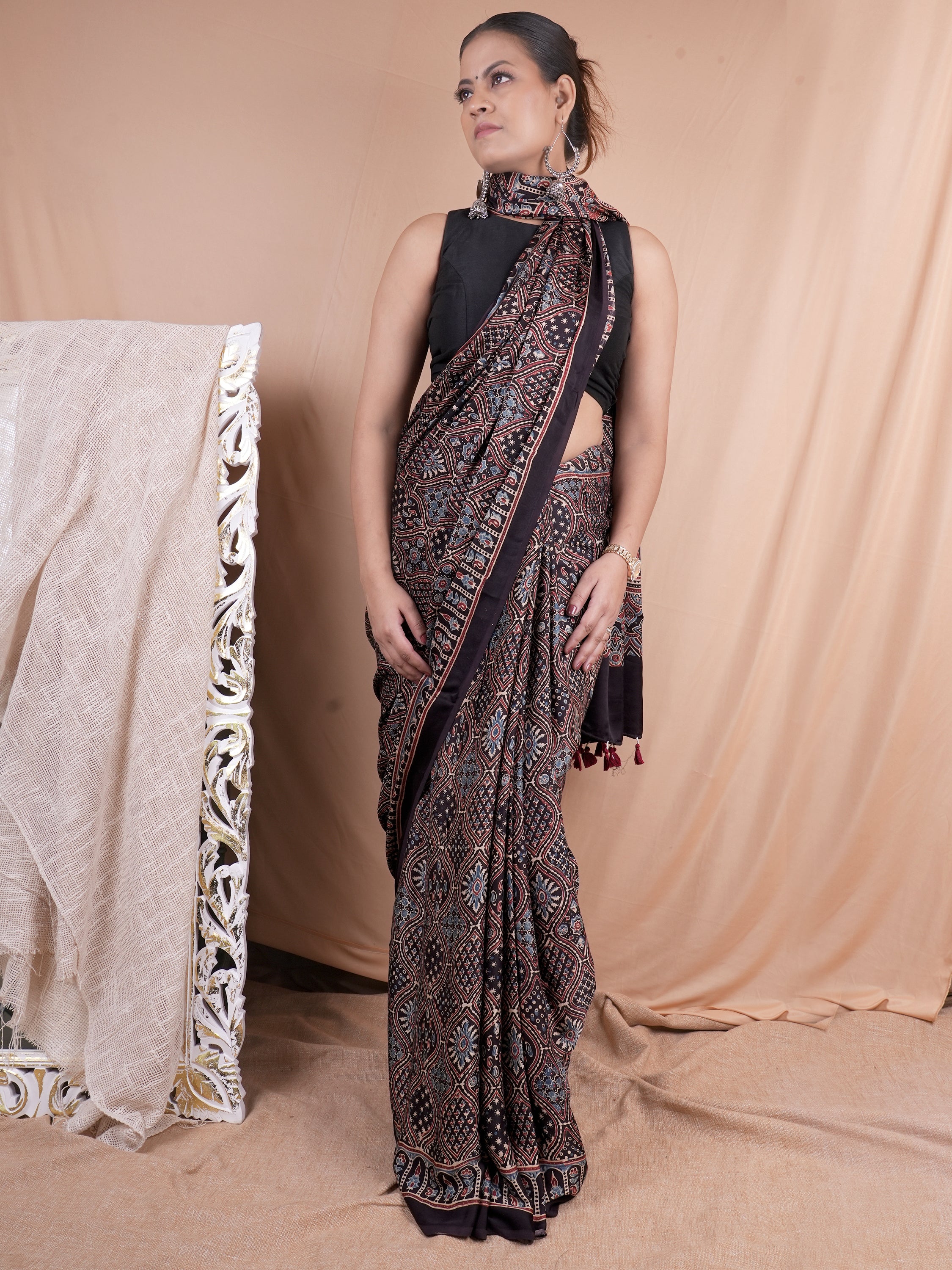 Model Silk Saree Hand Block Ajrakh Print Orgaining Dye