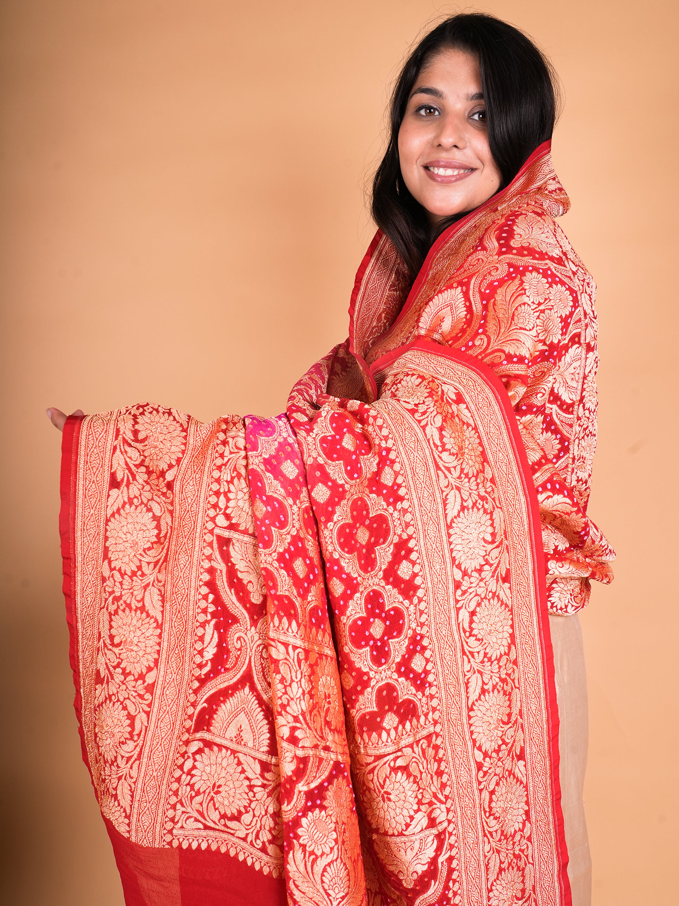 Pure Khaddi Georgette Neemzari Bandhani Dupatta