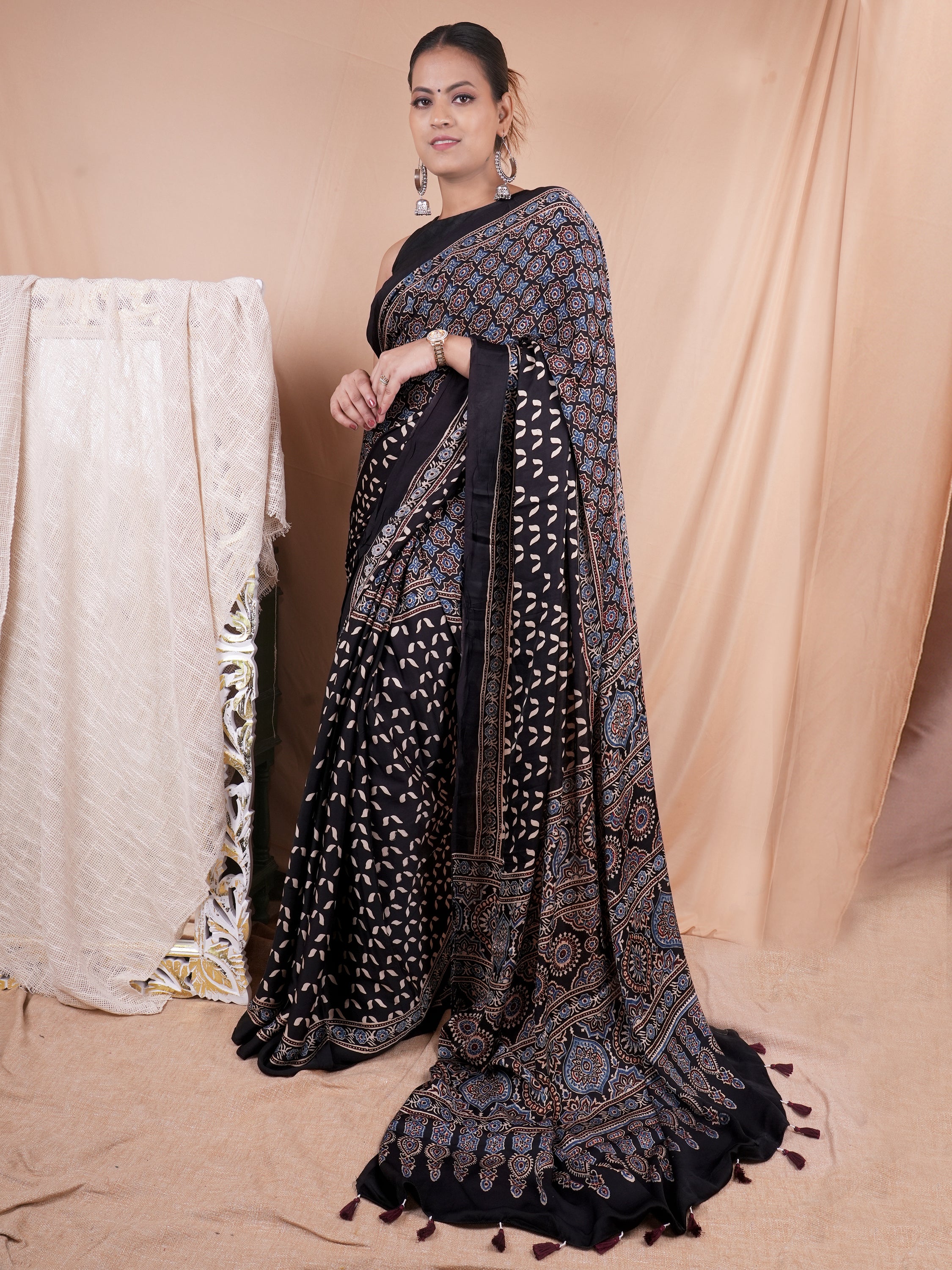 Model Silk Saree Hand Block Ajrakh Print Orgaining Dye