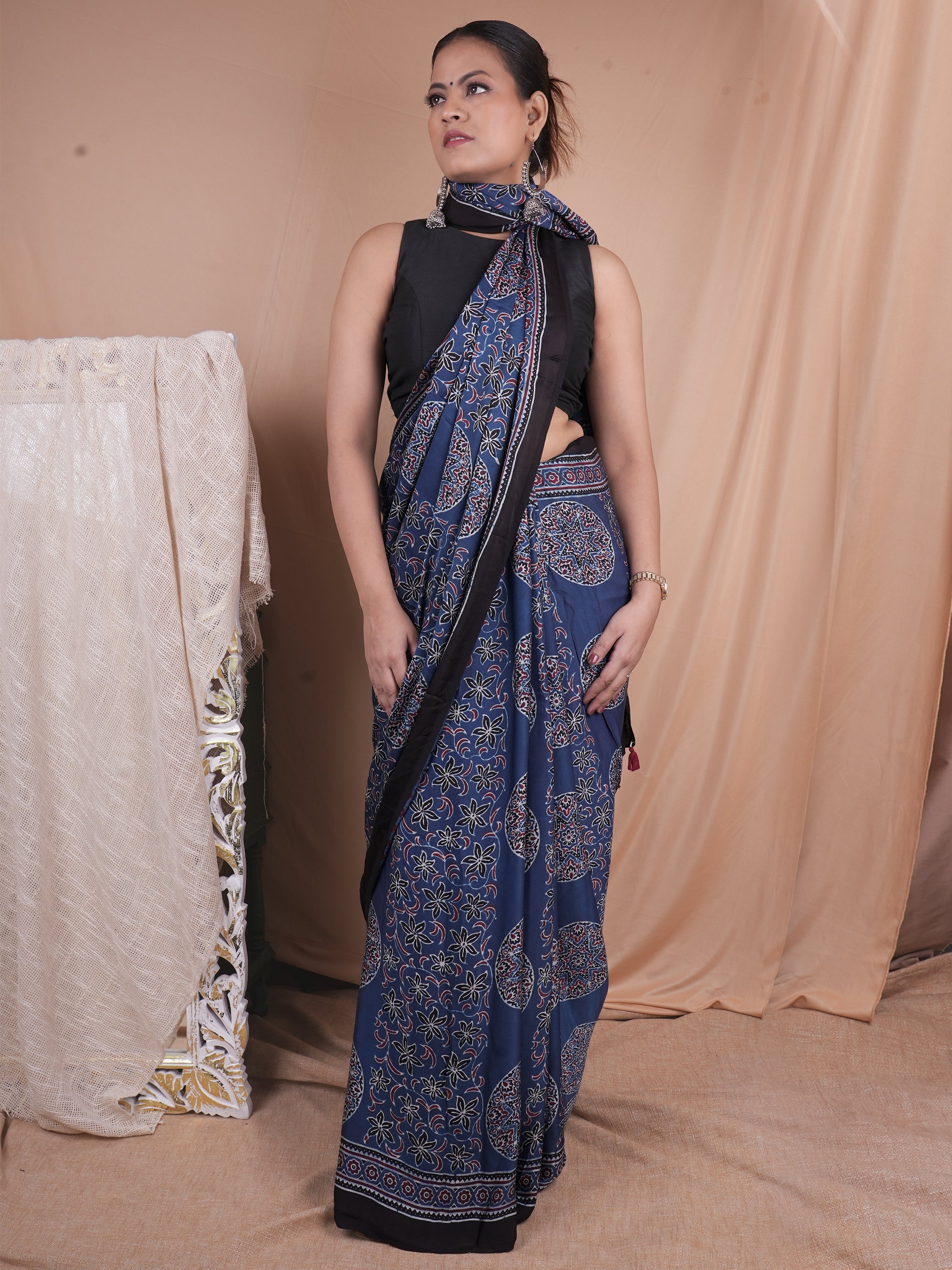 Model Silk Saree Hand Block Ajrakh Print Orgaining Dye
