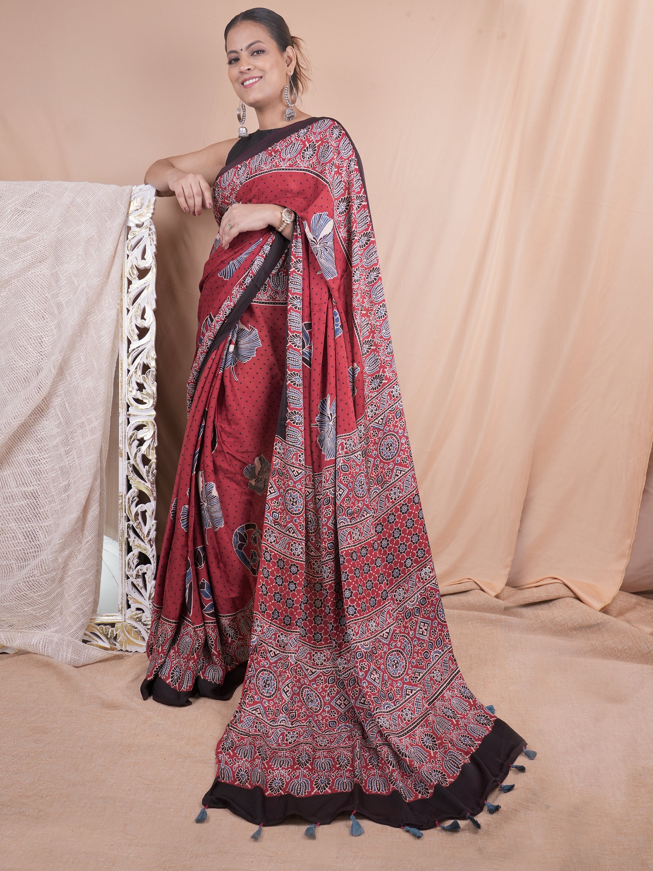 Model Silk Saree Hand Block Ajrakh Print Orgaining Dye