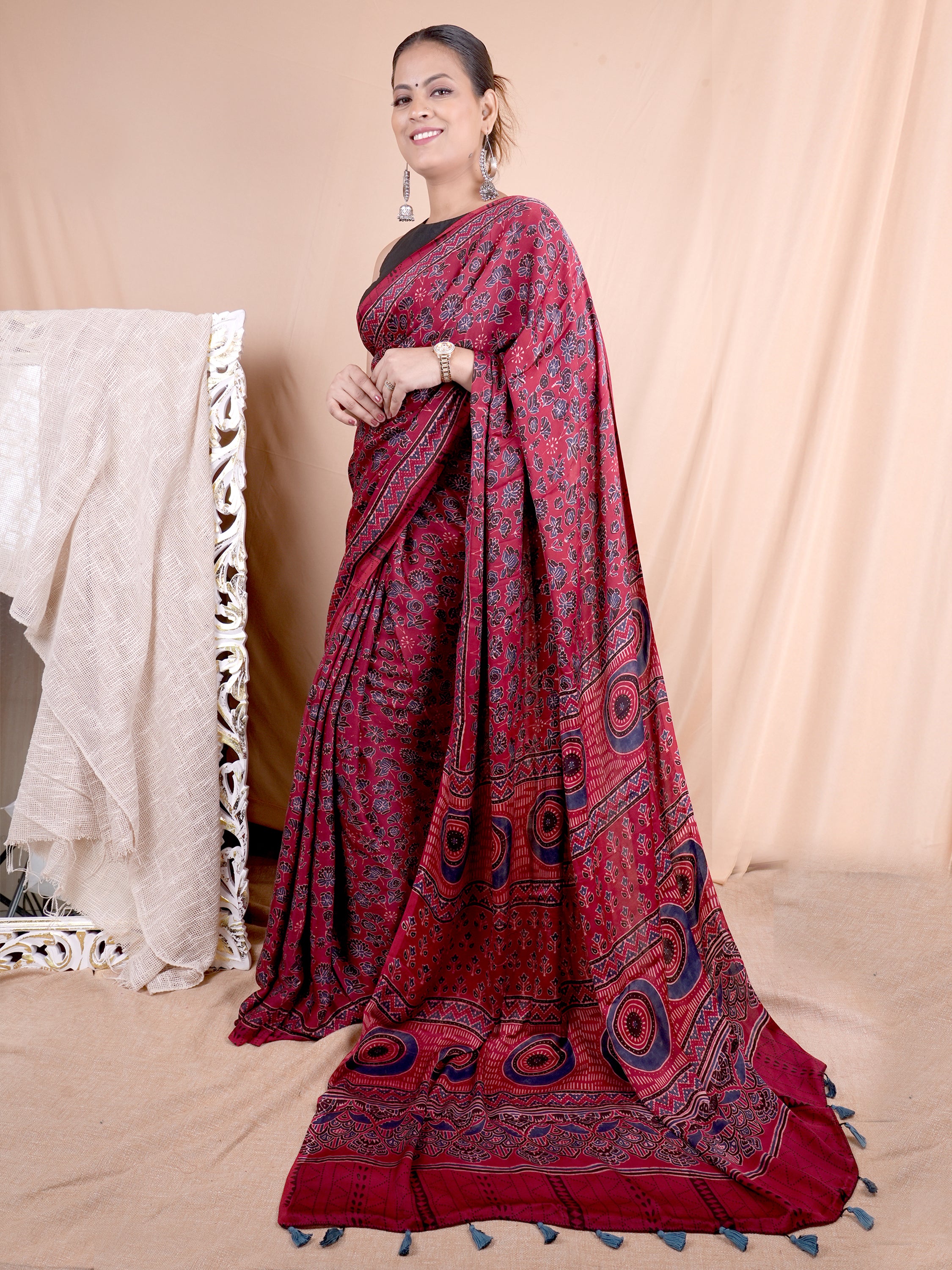 Model Silk Saree Hand Block Ajrakh Print Orgaining Dye