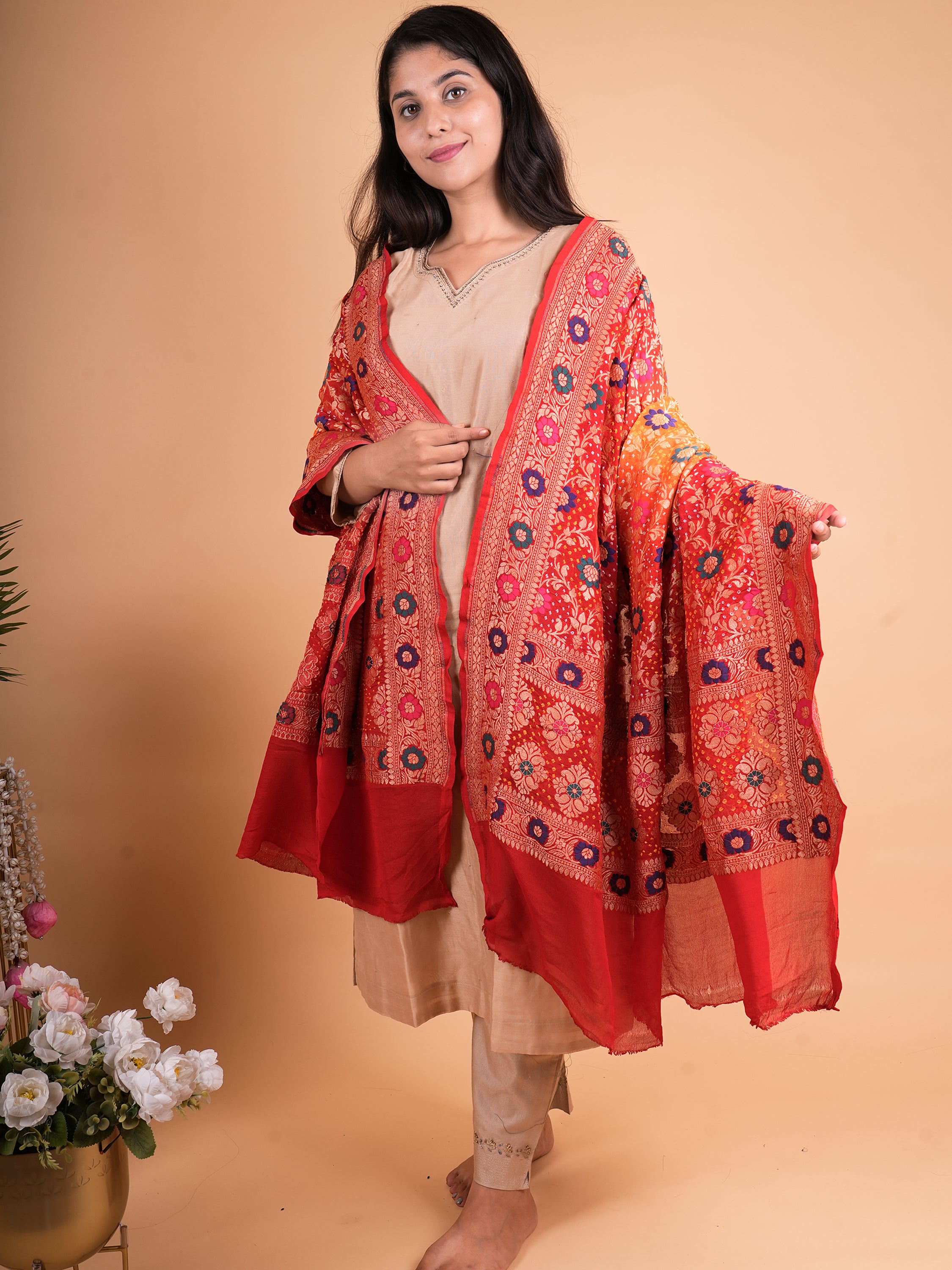 Pure Khaddi Georgette Neemzari Meenakari Rai Bandhani Dupatta