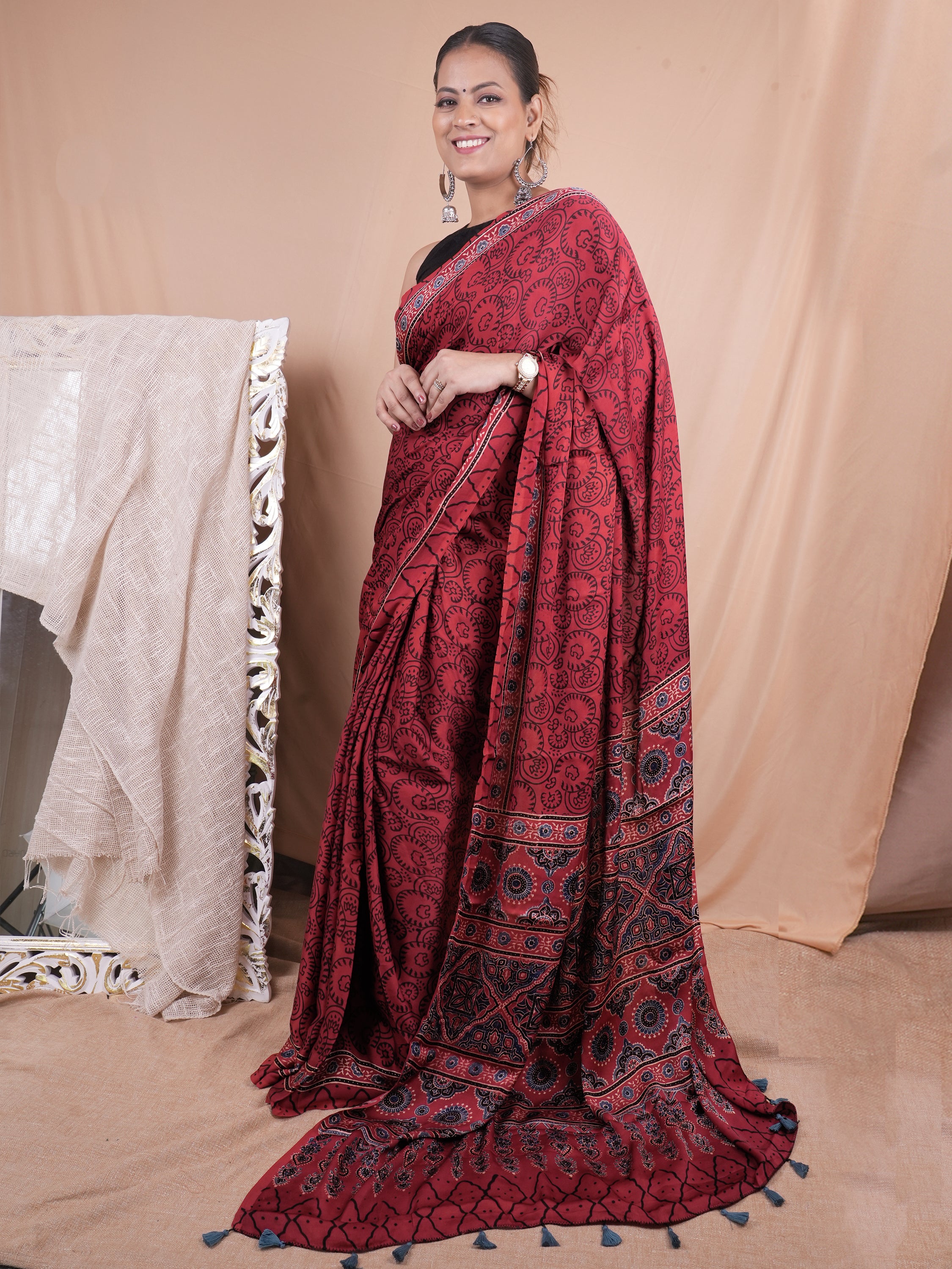 Model Silk Saree Hand Block Ajrakh Print Orgaining Dye