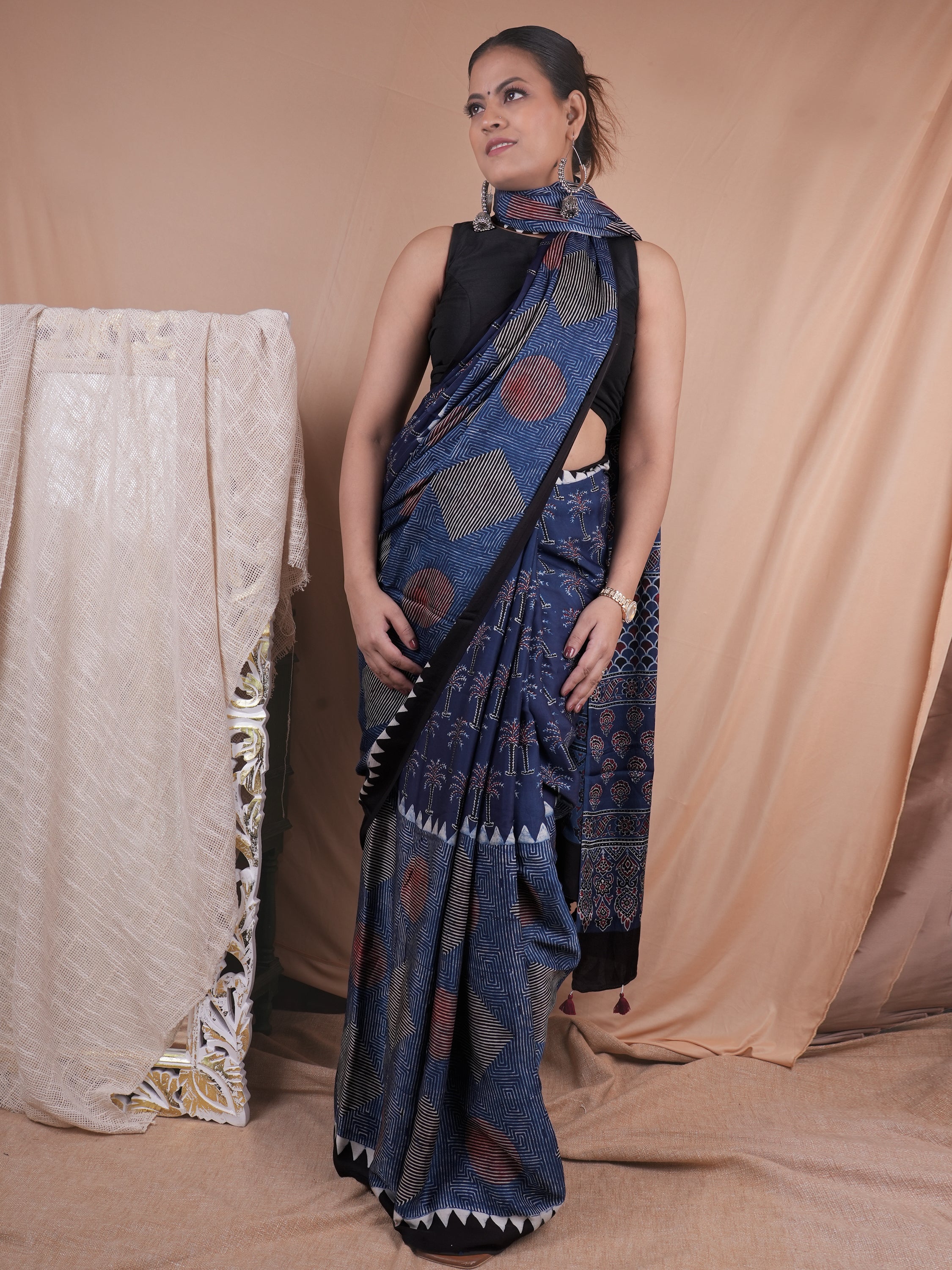 Model Silk Saree Hand Block Ajrakh Print Orgaining Dye