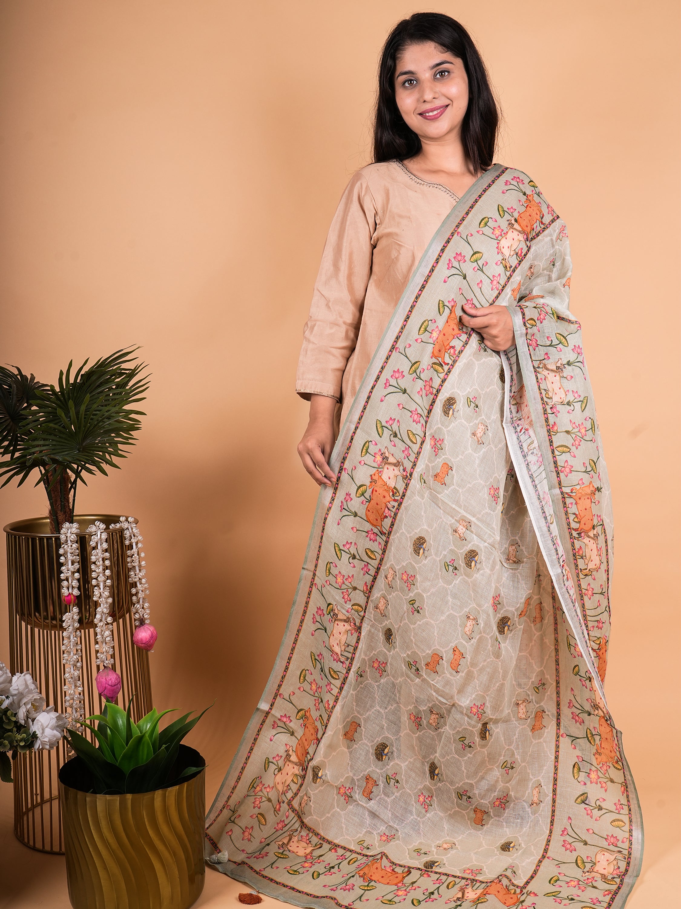 Pure Linen Pichwai Dupatta