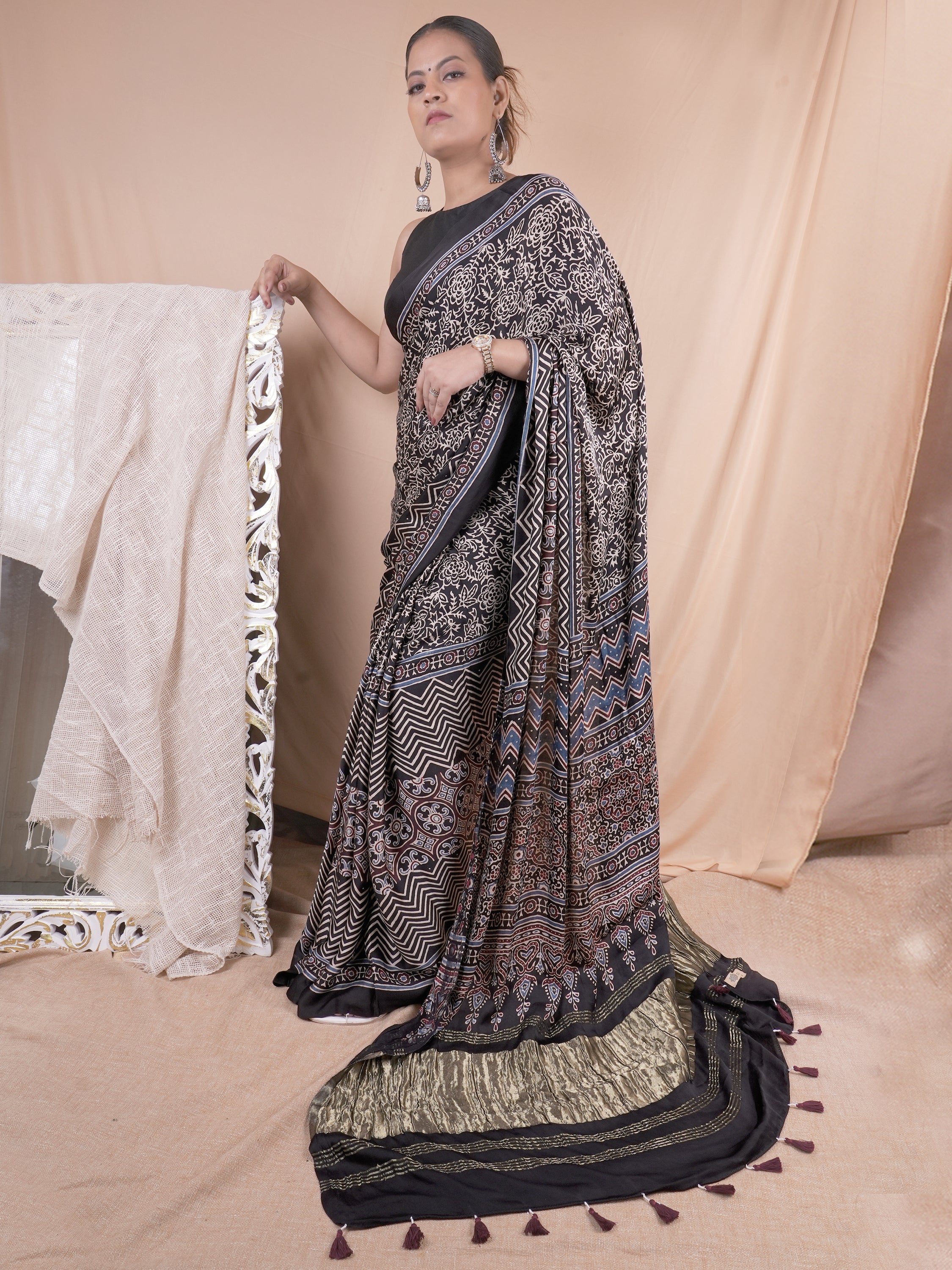 Model Silk Saree Hand Block Ajrakh Print Orgaining Dye