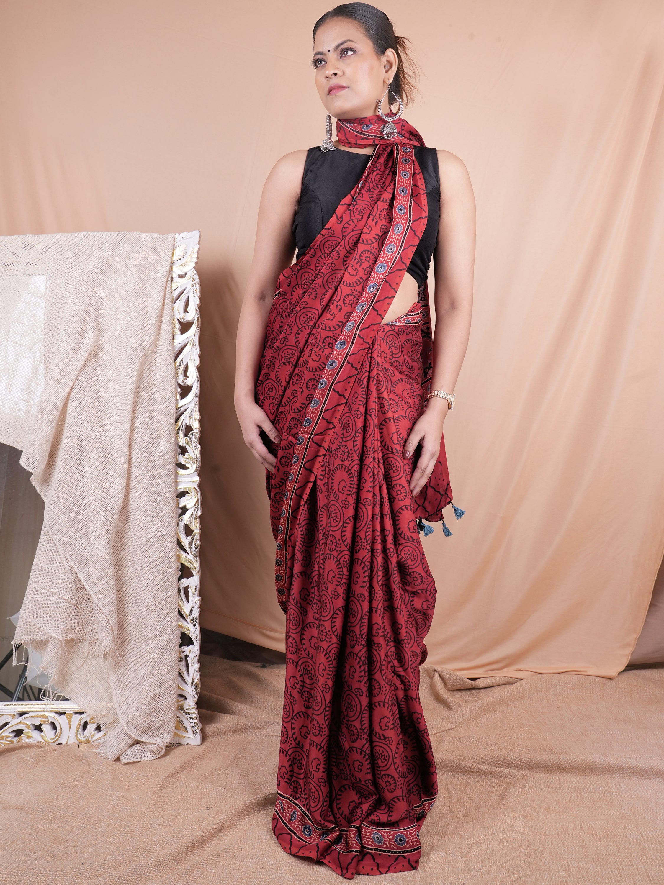 Model Silk Saree Hand Block Ajrakh Print Orgaining Dye
