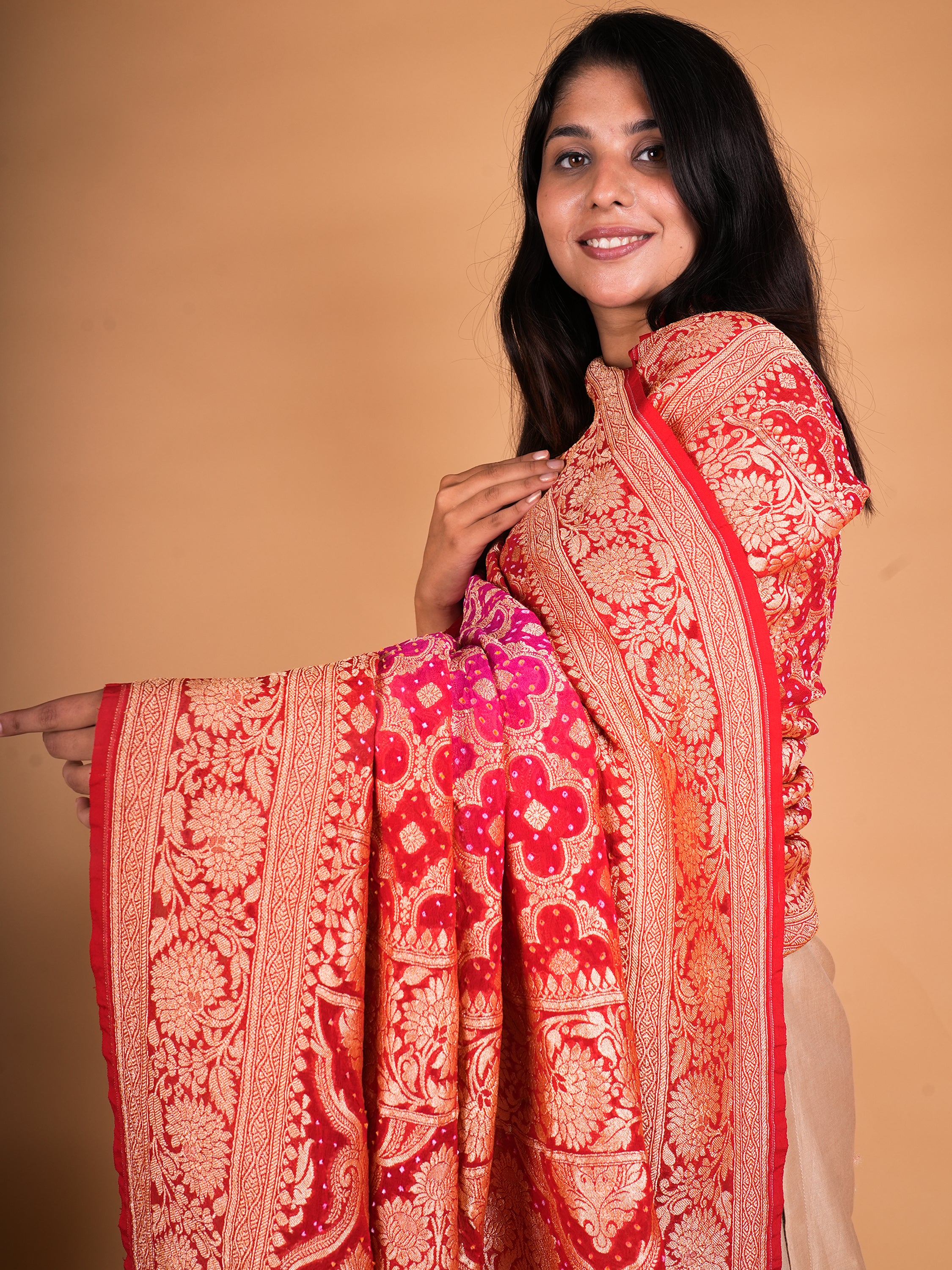 Pure Khaddi Georgette Neemzari Bandhani Dupatta