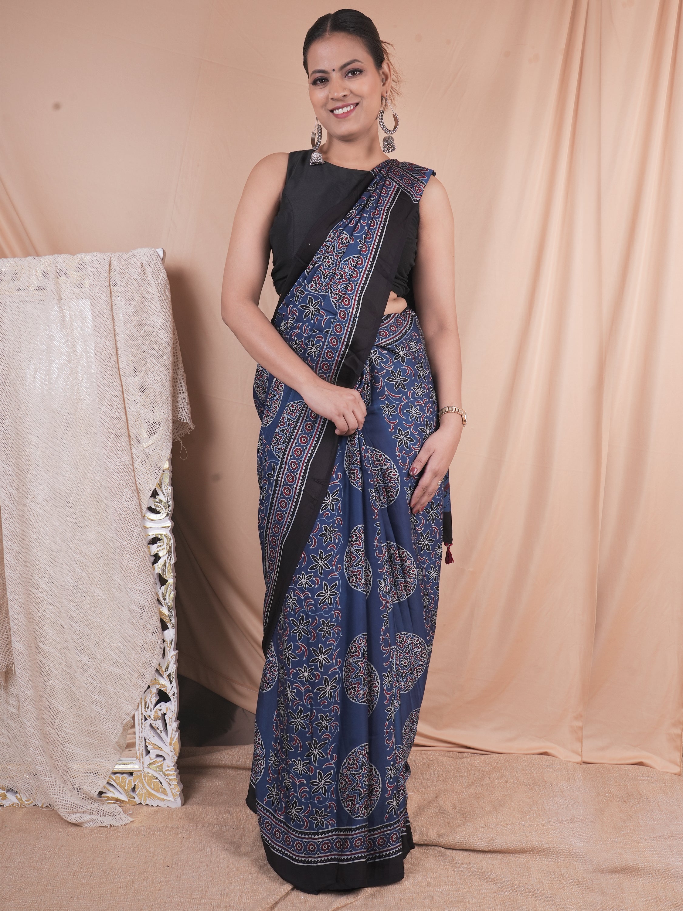 Model Silk Saree Hand Block Ajrakh Print Orgaining Dye