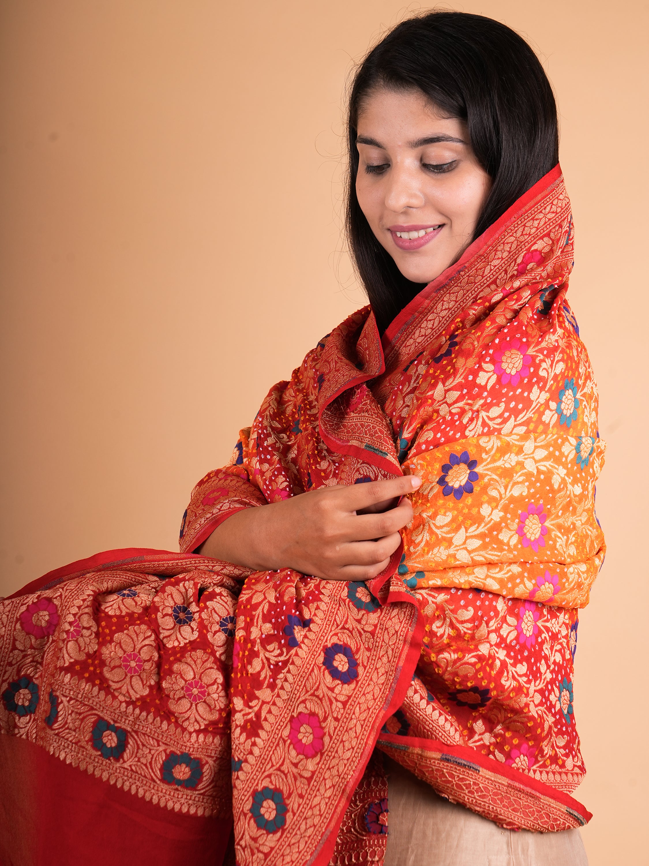 Pure Khaddi Georgette Neemzari Meenakari Rai Bandhani Dupatta