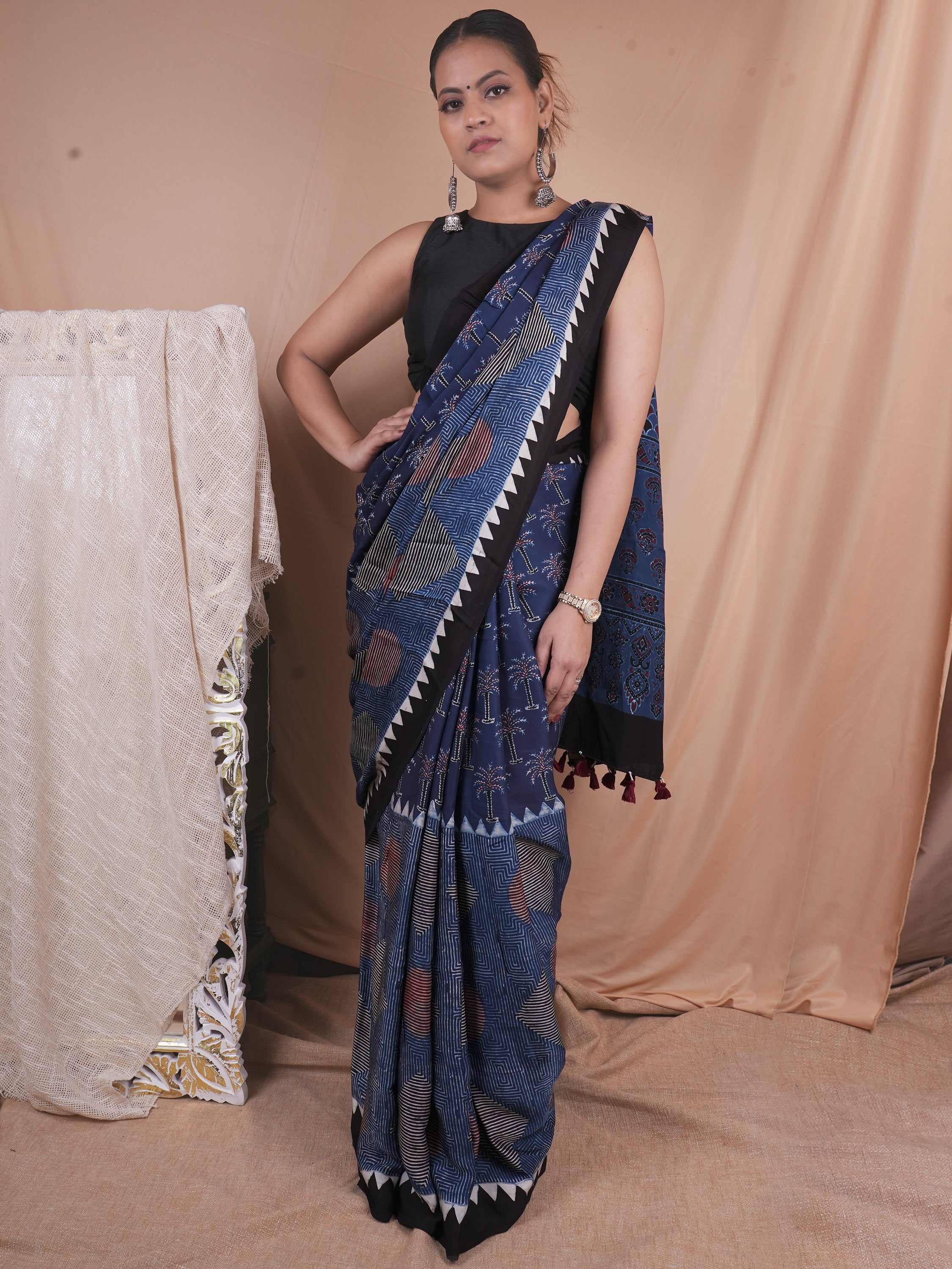 Model Silk Saree Hand Block Ajrakh Print Orgaining Dye
