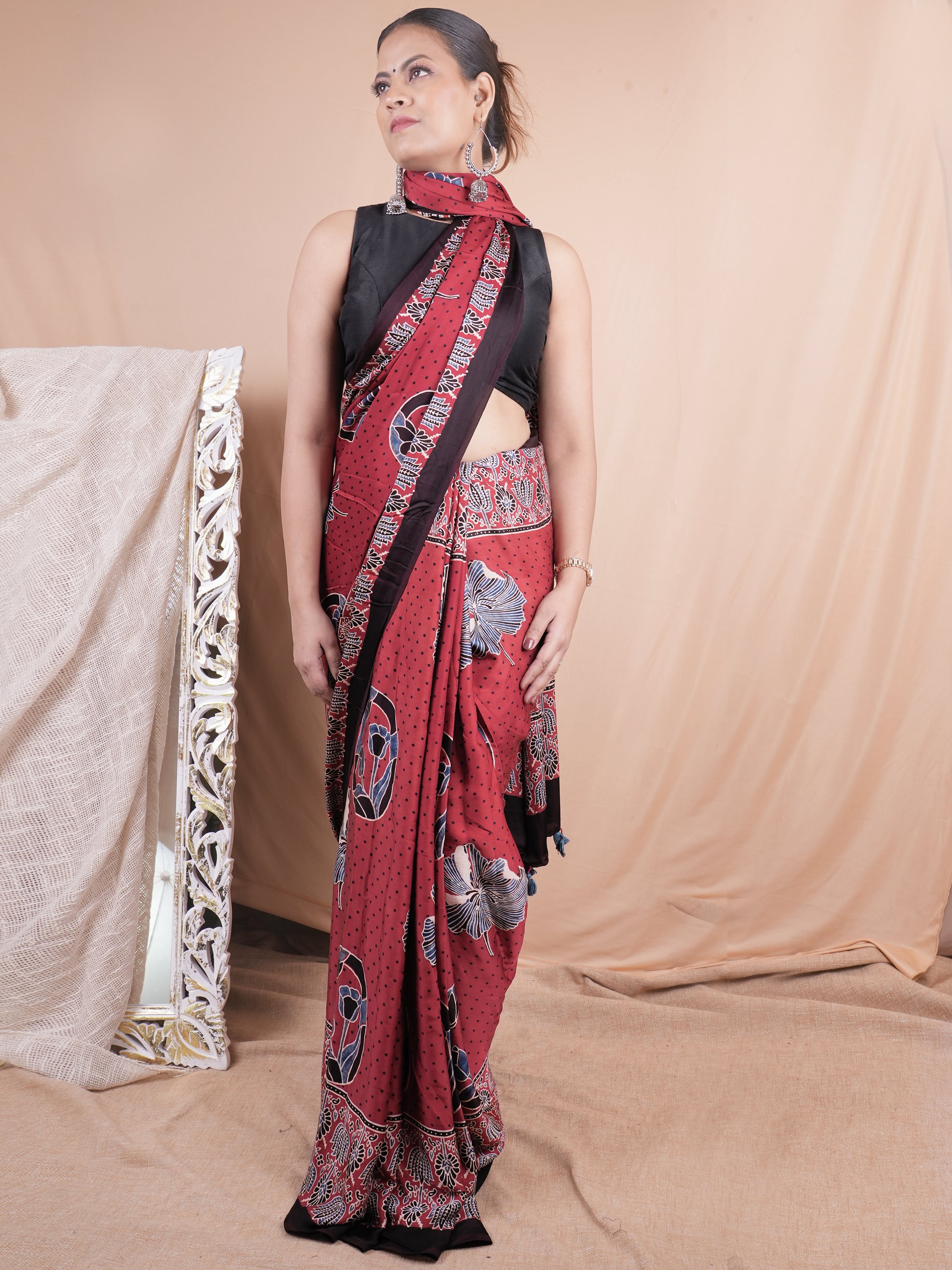 Model Silk Saree Hand Block Ajrakh Print Orgaining Dye
