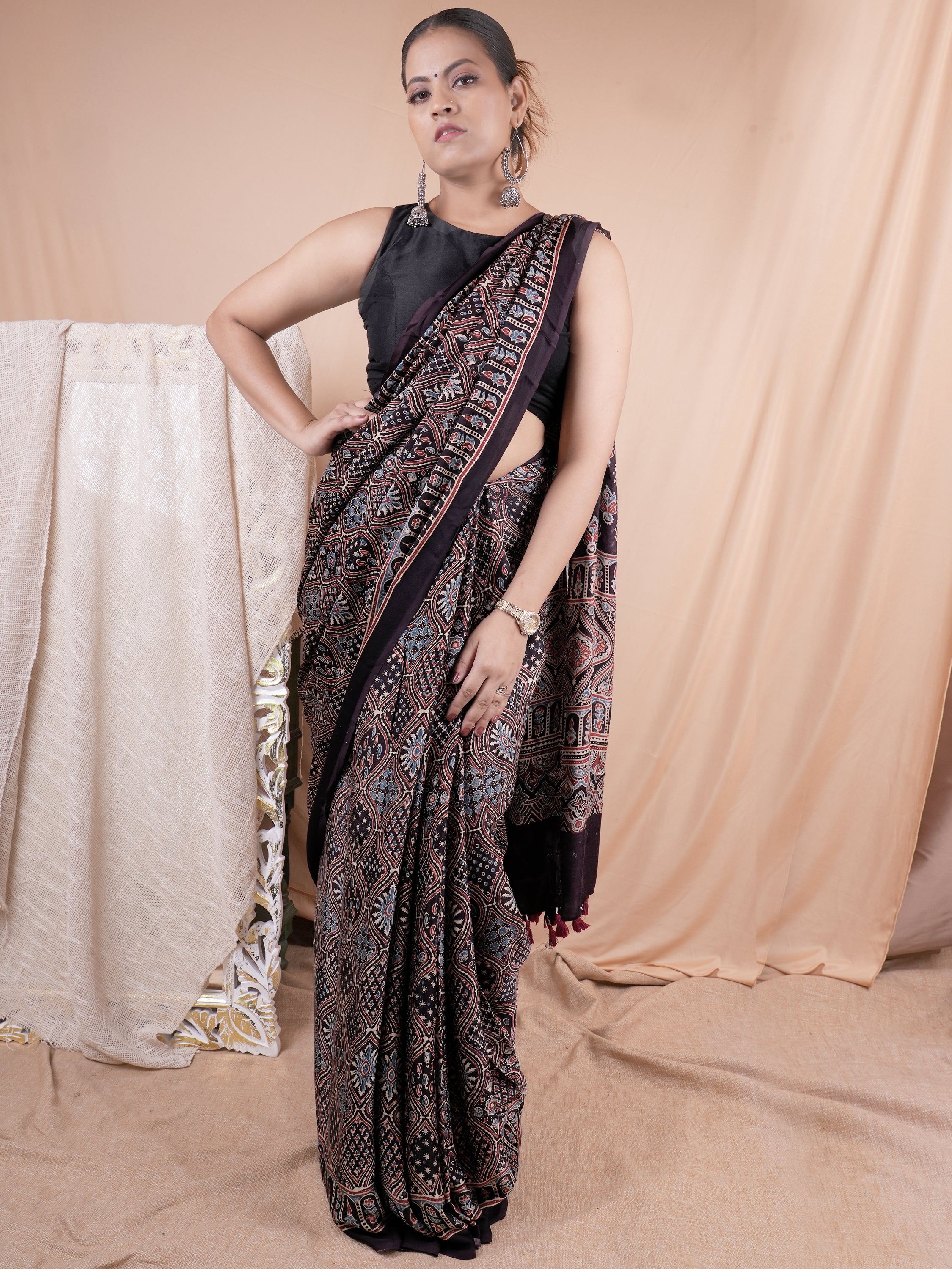 Model Silk Saree Hand Block Ajrakh Print Orgaining Dye
