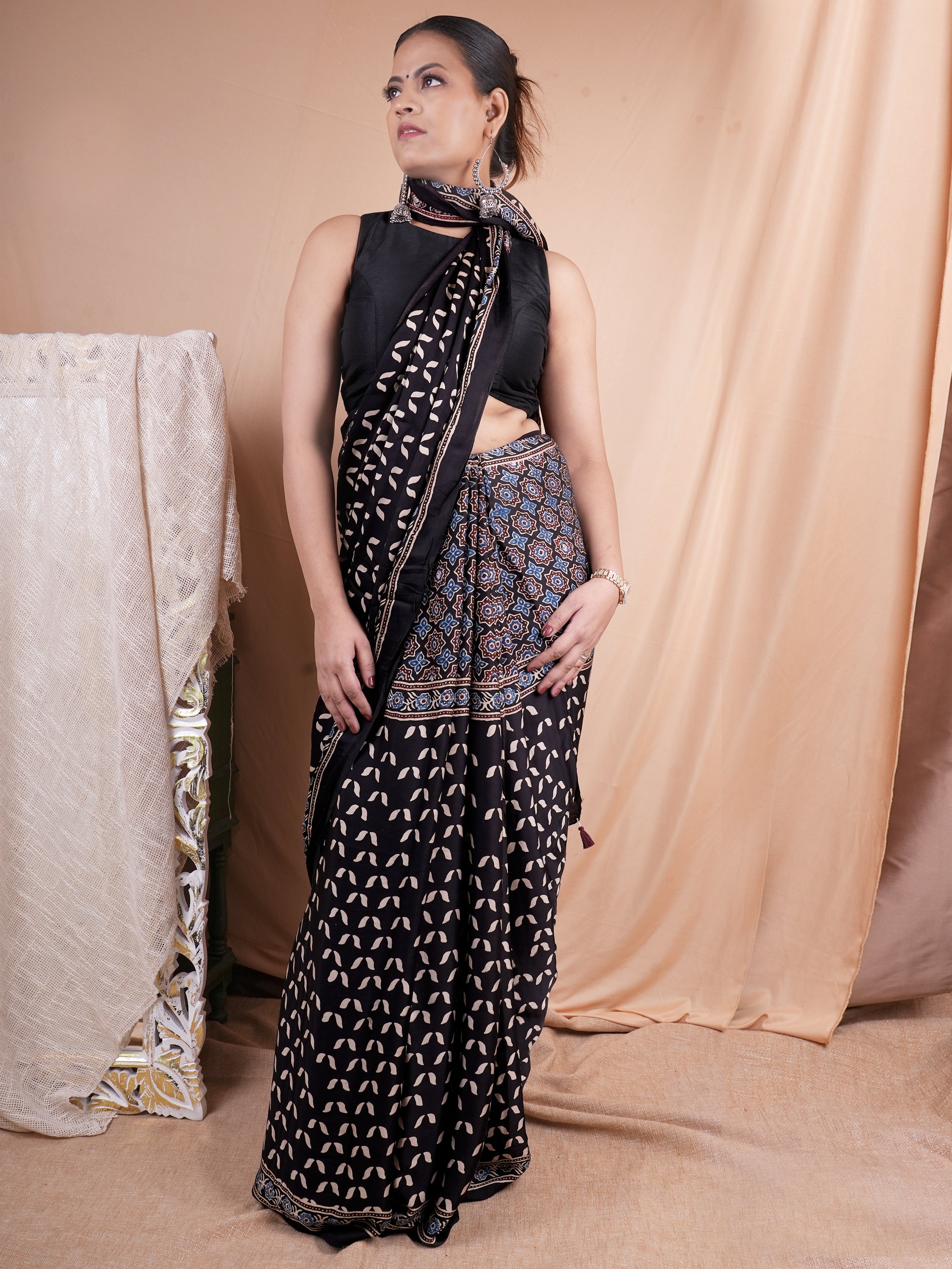 Model Silk Saree Hand Block Ajrakh Print Orgaining Dye