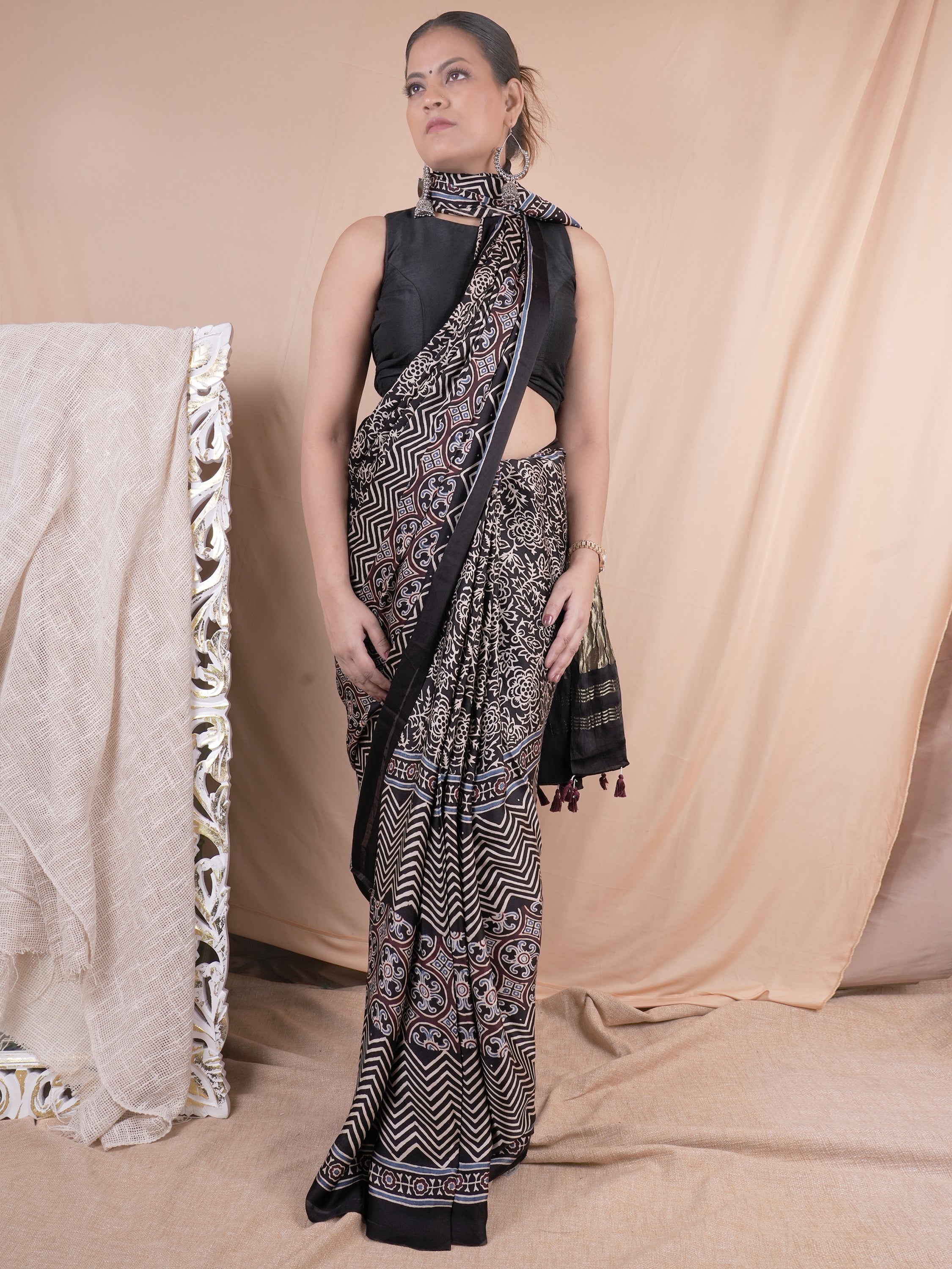 Model Silk Saree Hand Block Ajrakh Print Orgaining Dye