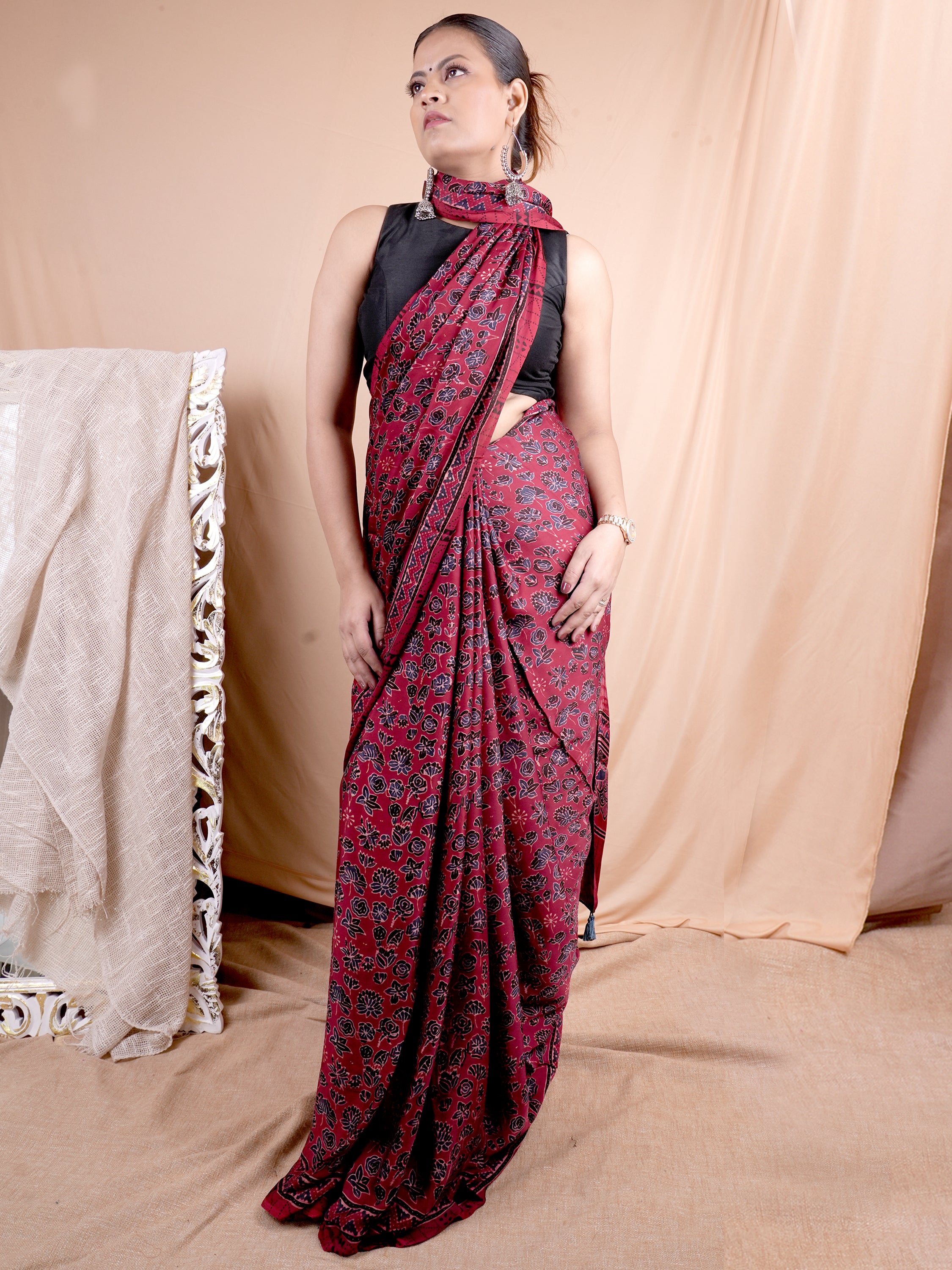 Model Silk Saree Hand Block Ajrakh Print Orgaining Dye
