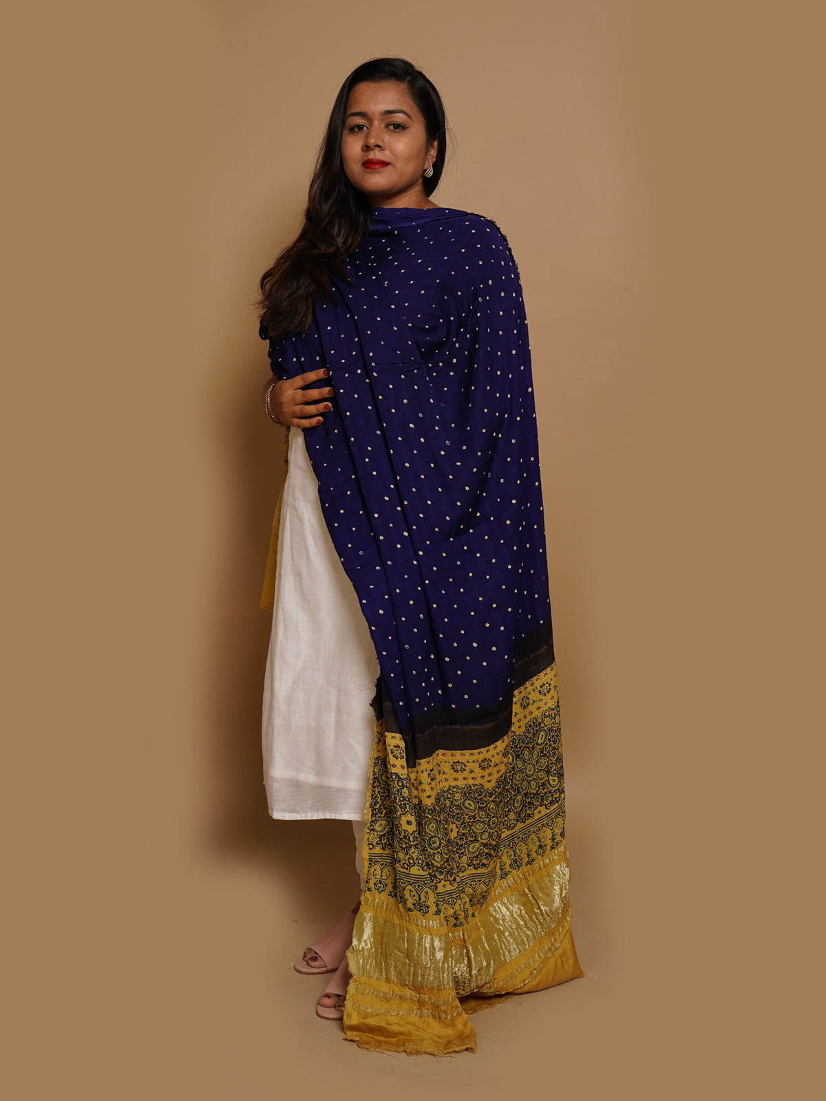 Gajji Cotton Dupatta with the Combination of Bandhani & Ajrak