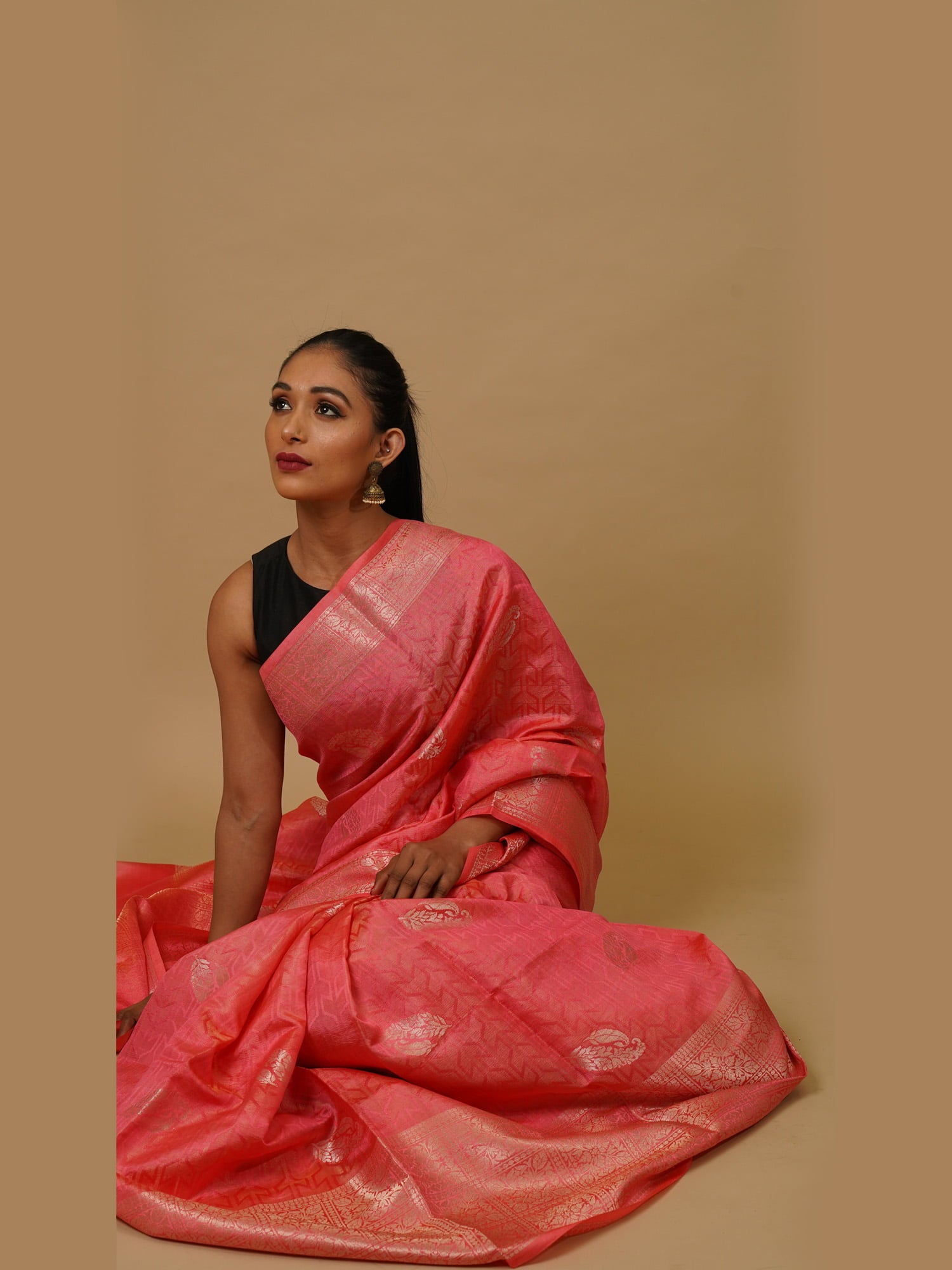 Handwoven Pastel Peach Chiniya Silk Saree with White Zari