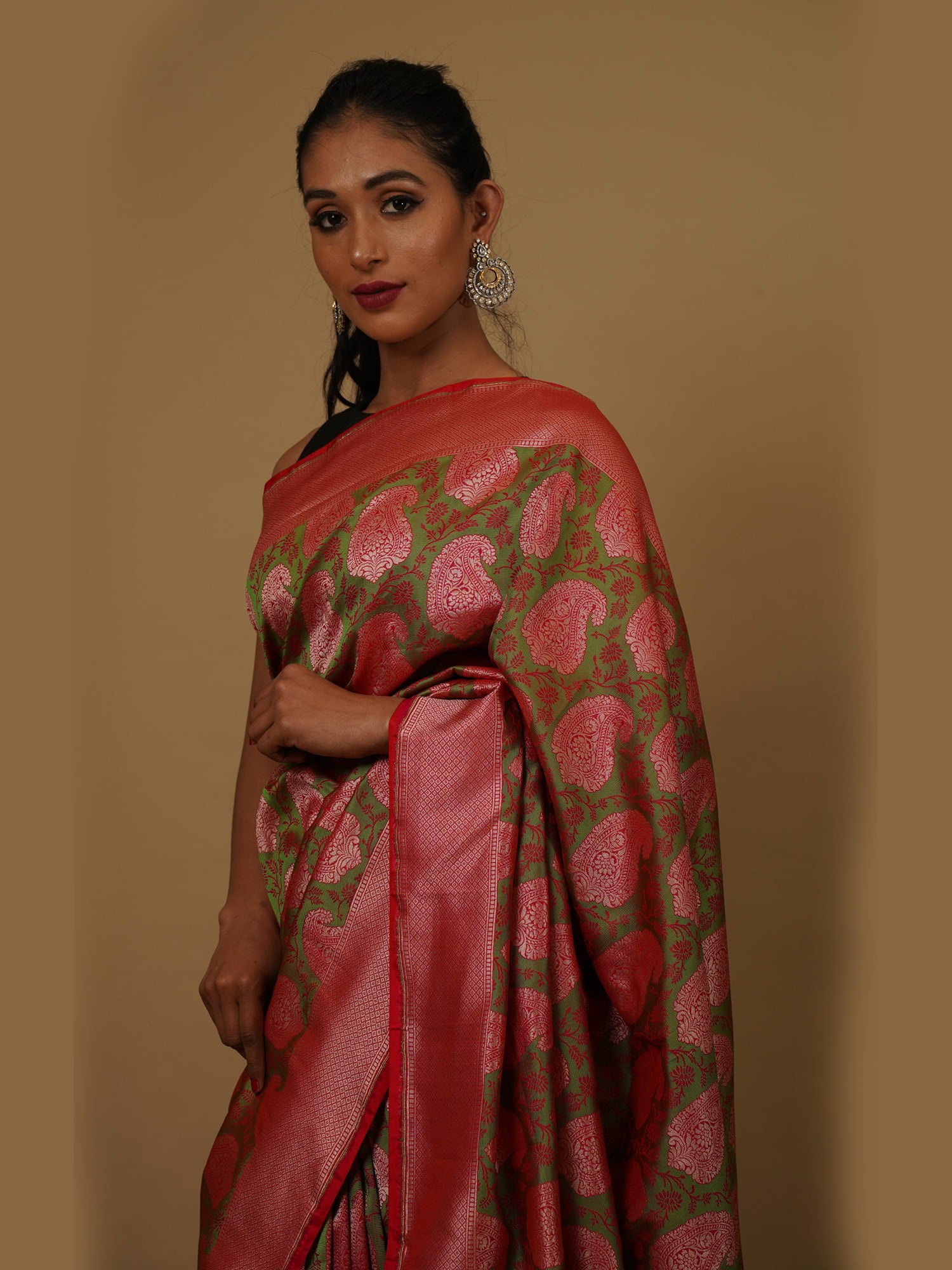 Green Tanchui with Pretty Pink Kadua Weaves on Katan Silk Saree