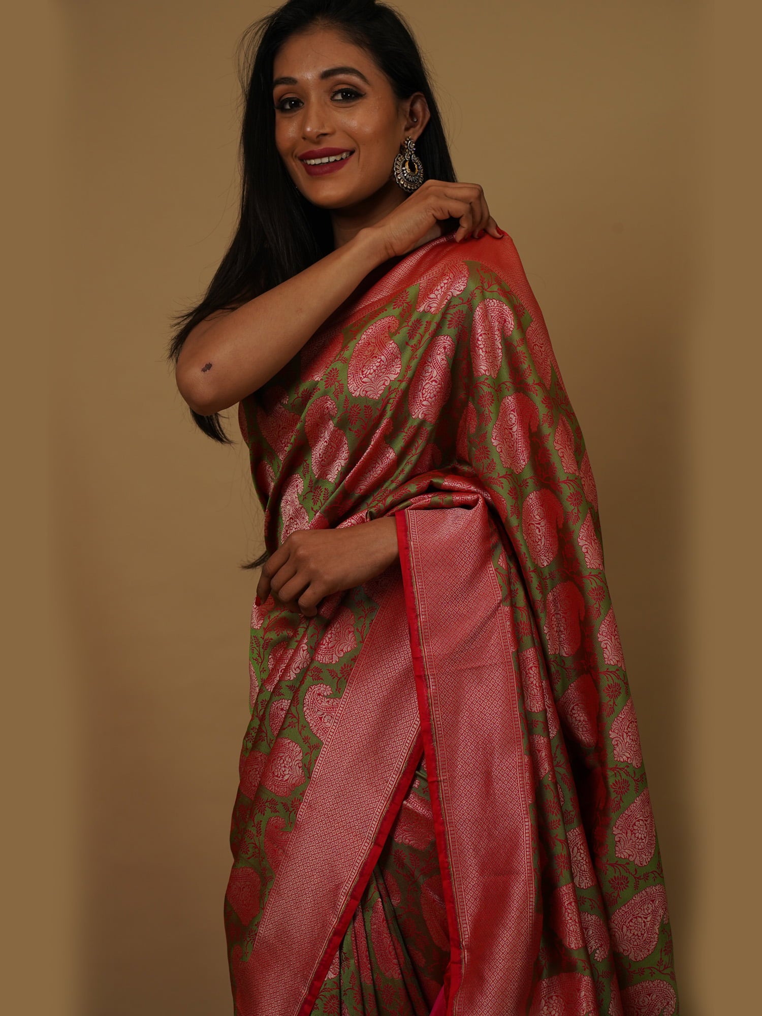 Green Tanchui with Pretty Pink Kadua Weaves on Katan Silk Saree