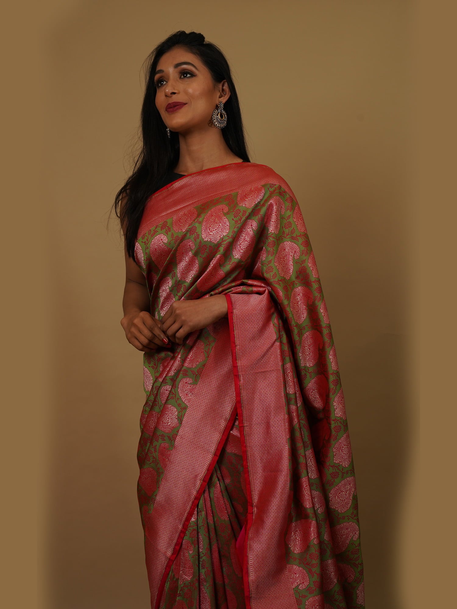 Green Tanchui with Pretty Pink Kadua Weaves on Katan Silk Saree