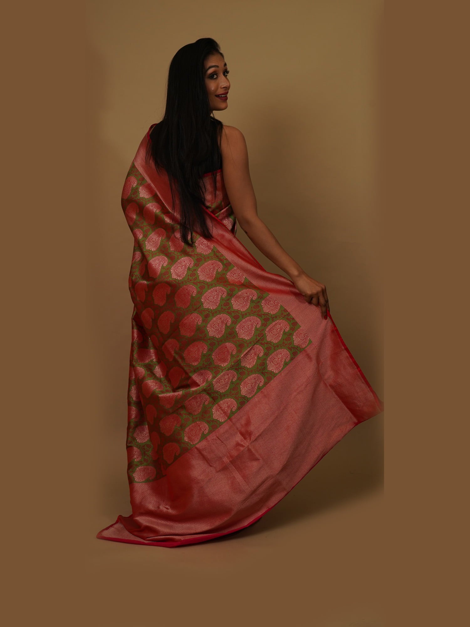 Green Tanchui with Pretty Pink Kadua Weaves on Katan Silk Saree